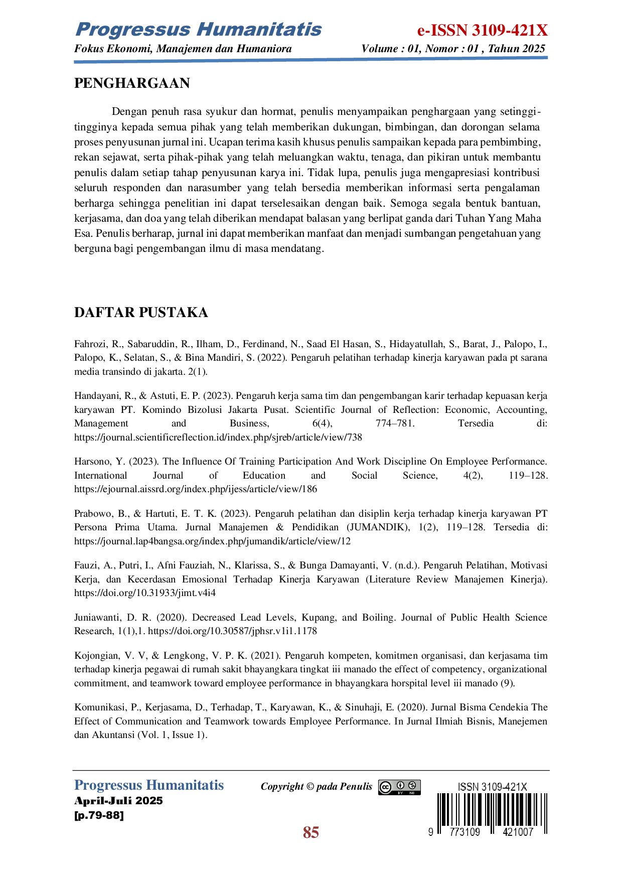 JURIS Pengaruh Kerja Sama Tim dan Pelatihan terhadap Kinerja Keperawatan Rumah Sakit Mentari Kabupaten Tangerang