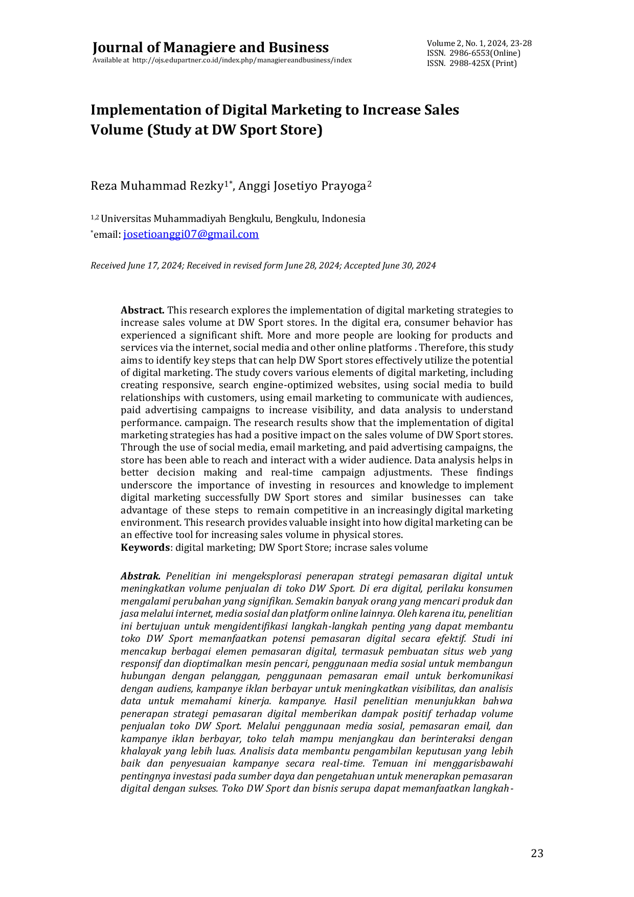 JURIS Implementation of Digital Marketing to Increase Sales Volume Study at DW Sport Store