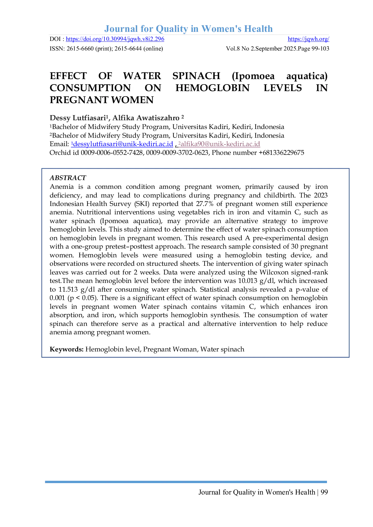 JURIS EFFECT OF WATER SPINACH Ipomoea aquatica CONSUMPTION ON HEMOGLOBIN LEVELS IN PREGNANT WOMEN