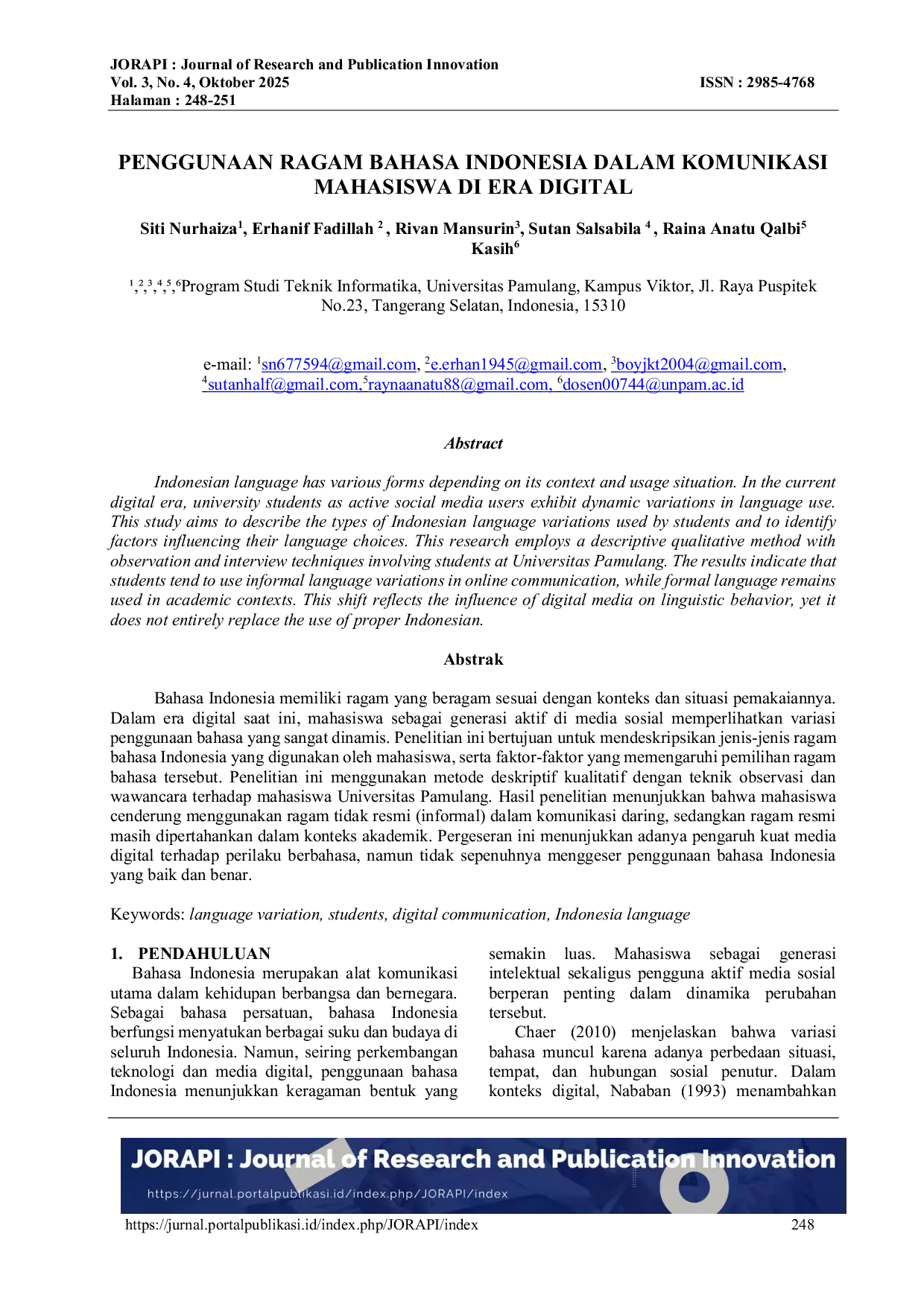 JURIS Penggunaan Ragam Bahasa Indonesia dalam Komunikasi Mahasiswa di Era Digital