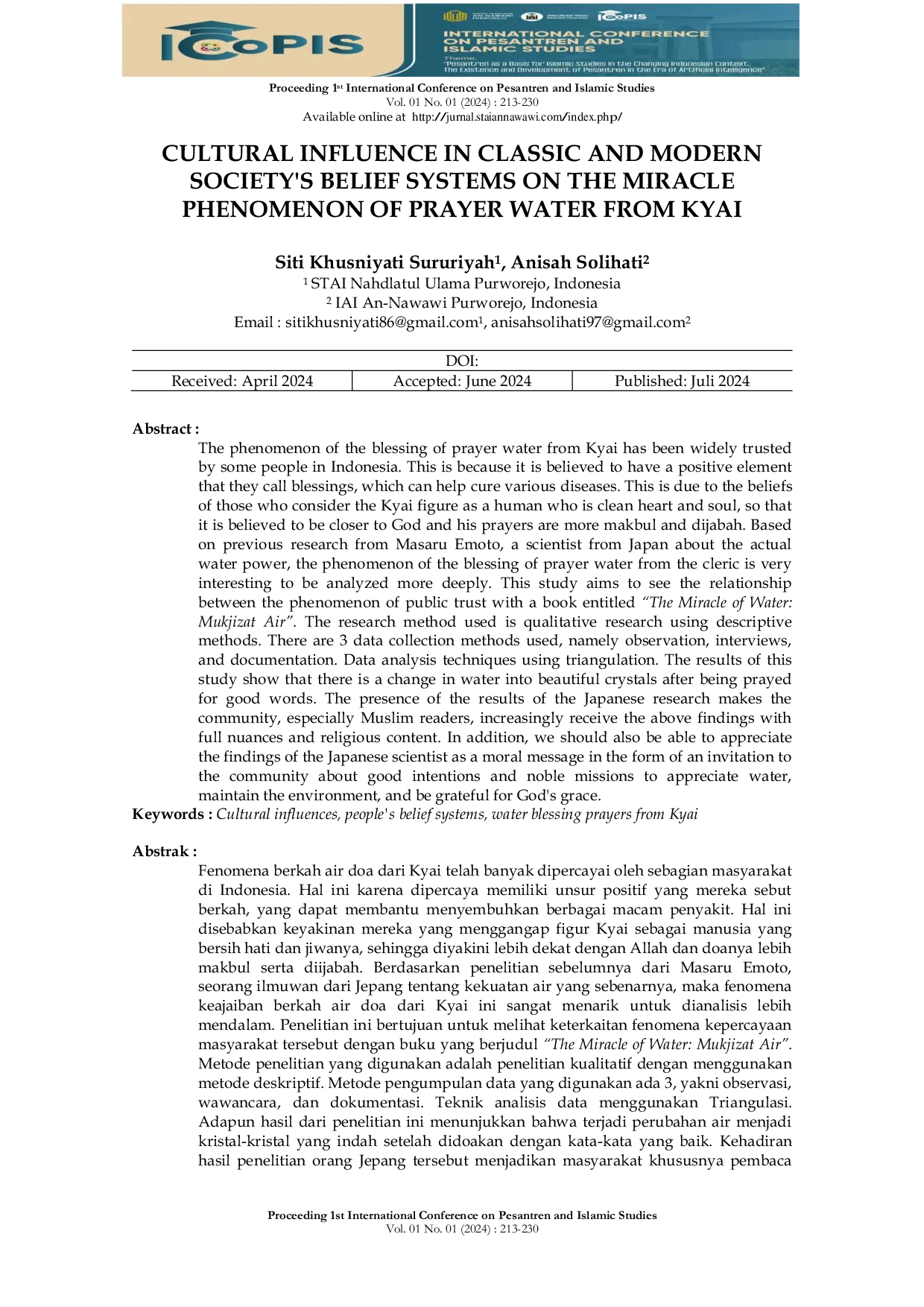 JURIS Pengaruh Budaya dalam Sistem Kepercayaan Masyarakat Klasik dan Modern Terhadap Fenomena Mukjizat Air Doa dari Kyai