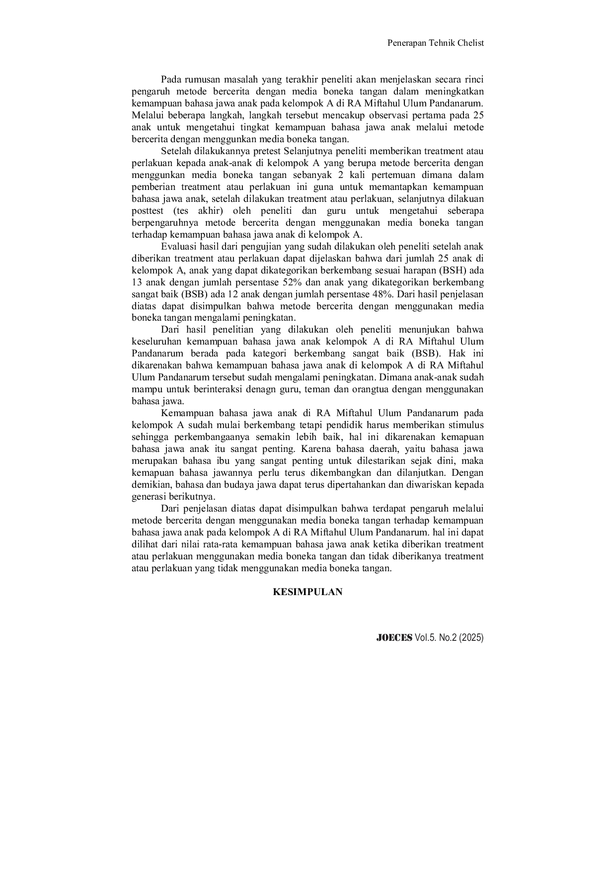 JURIS Meningkatkan Kemampuan Bahasa Jawa Anak Melalui Metode Bercerita Dengan Menggunakan Media Boneka Tangan Pada Kelompok A di RA Miftahul Ulum Pandanarum