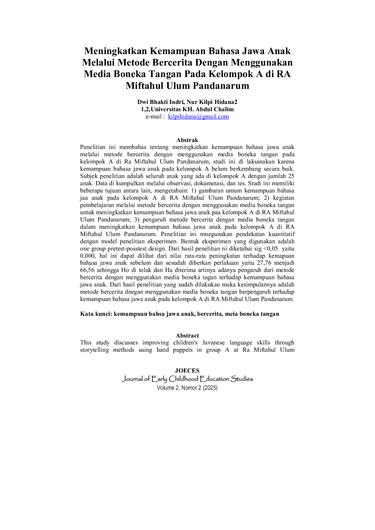 JURIS Meningkatkan Kemampuan Bahasa Jawa Anak Melalui Metode Bercerita Dengan Menggunakan Media Boneka Tangan Pada Kelompok A di RA Miftahul Ulum Pandanarum