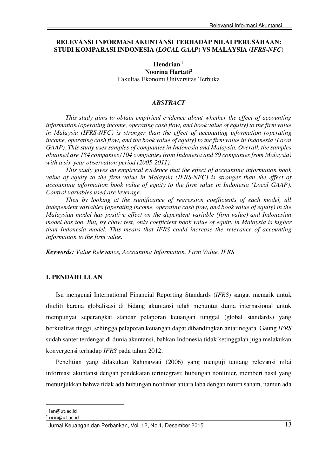 JURIS Relevansi Informasi Akuntansi terhadap Nilai Perusahaan Studi Komparasi Indonesia Local GAAP Vs Malaysia IFRS NFC