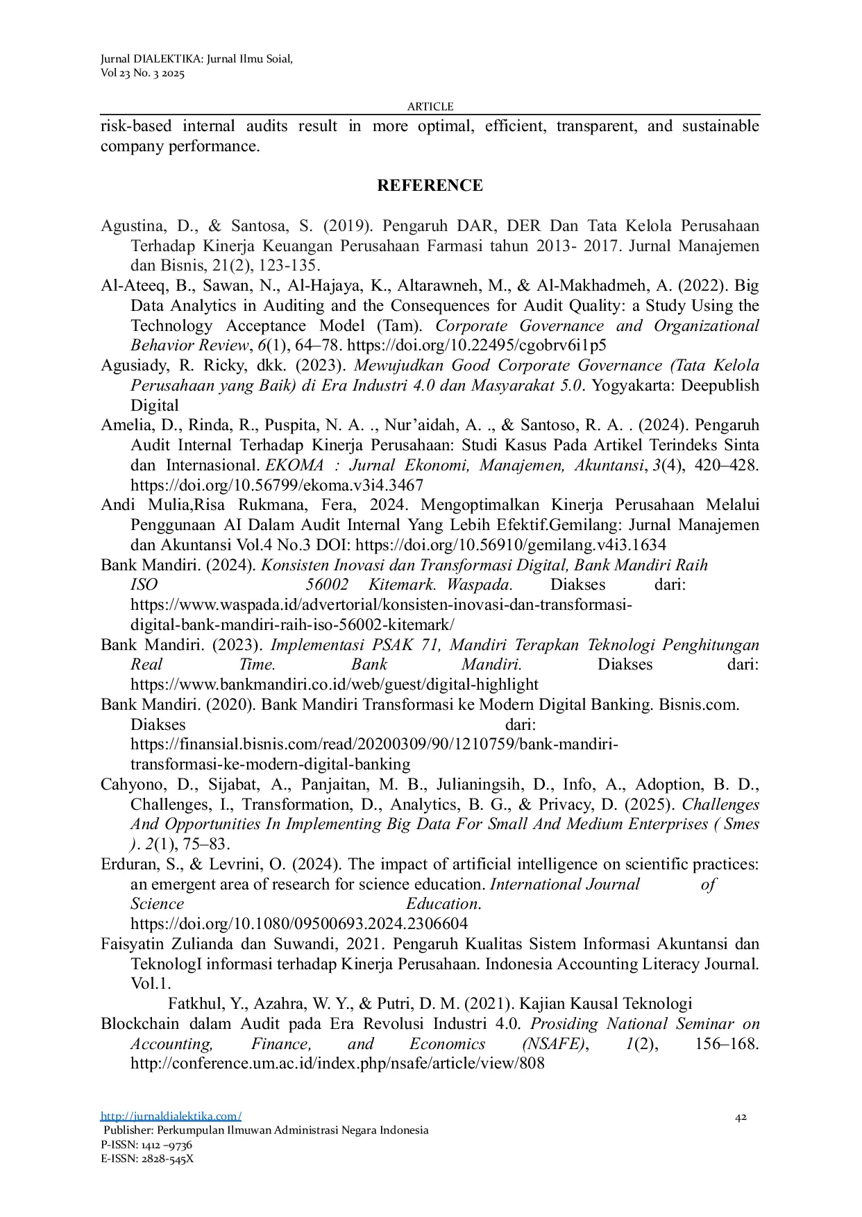 JURIS Analysis of Innovation Technology Implementation and Risk Based Internal Audits on Company Performance Optimization Case Study of a Listed State BUMN Bank