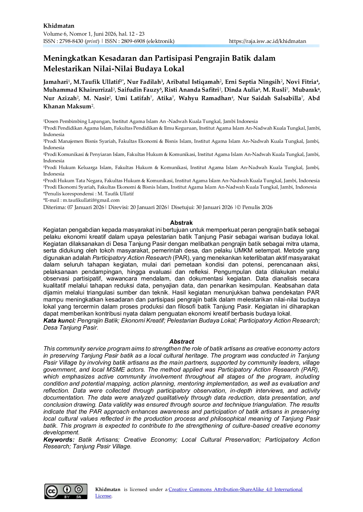 JURIS Meningkatkan Kesadaran dan Partisipasi Pengrajin Batik dalam Melestarikan Nilai Nilai Budaya Lokal