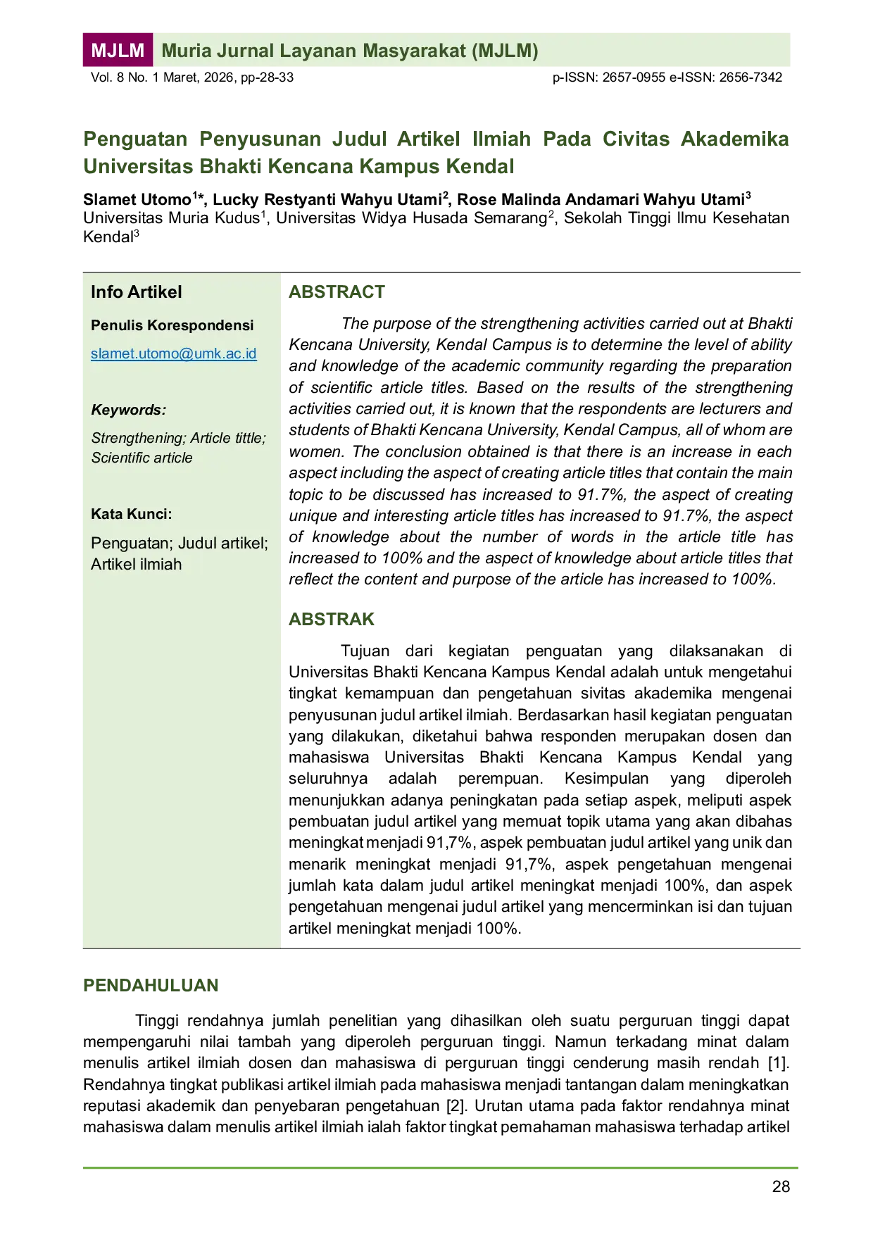 JURIS Penguatan Penyusunan Judul Artikel Ilmiah Pada Civitas Akademika Universitas Bhakti Kencana Kampus Kendal