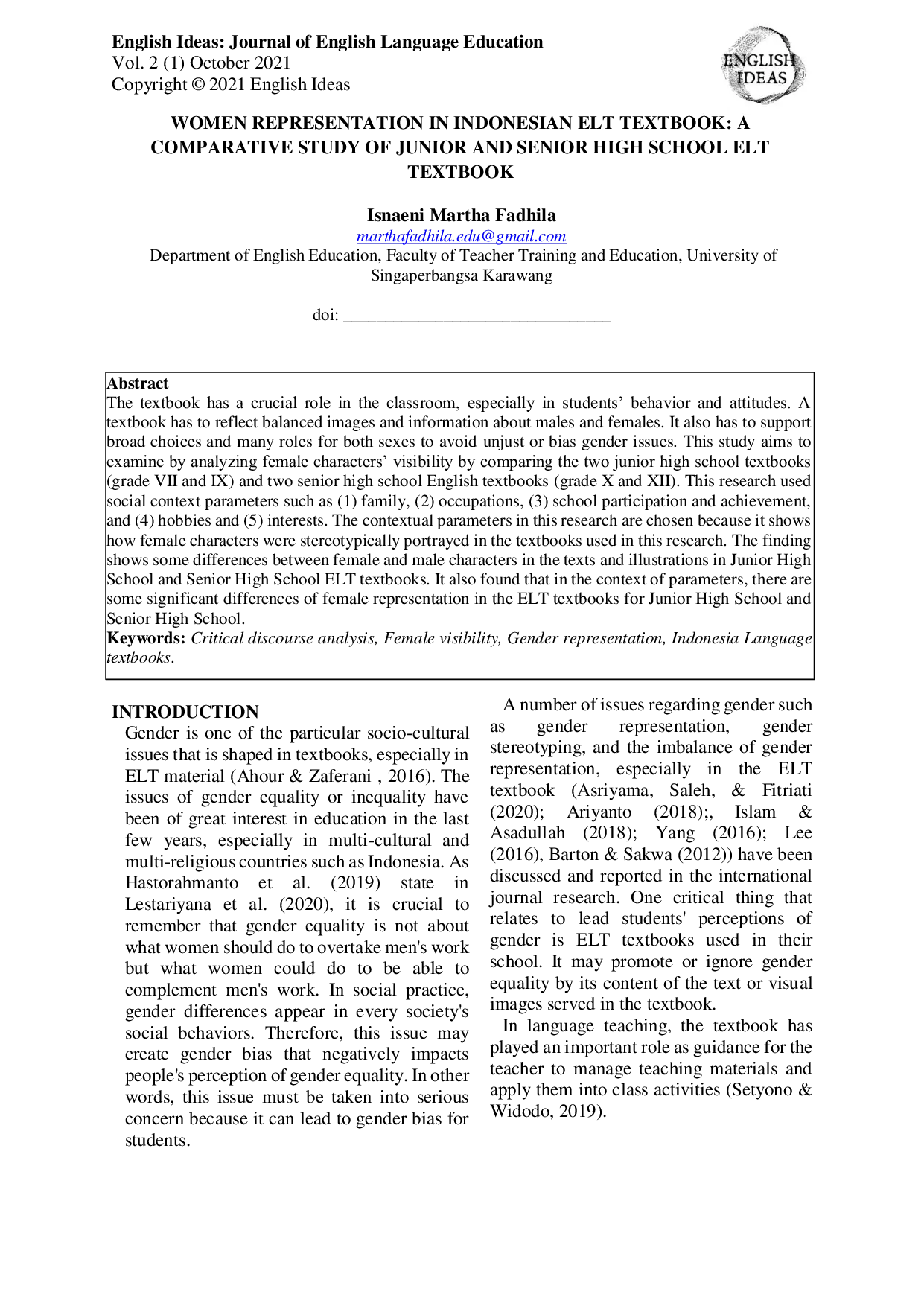 JURIS Representasi Perempuan dalam Buku Teks ELT Indonesia Studi Banding Buku Pelajaran ELT SMP dan SMA