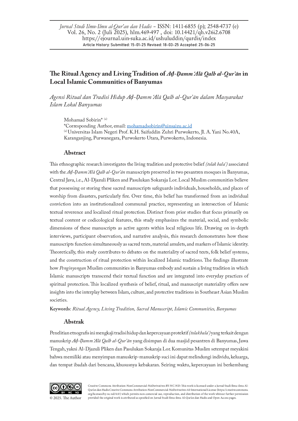 JURIS The Ritual Agency and Living Tradition of As Uamm AlA Qalb al Qur An in Local Islamic Communities of Banyumas