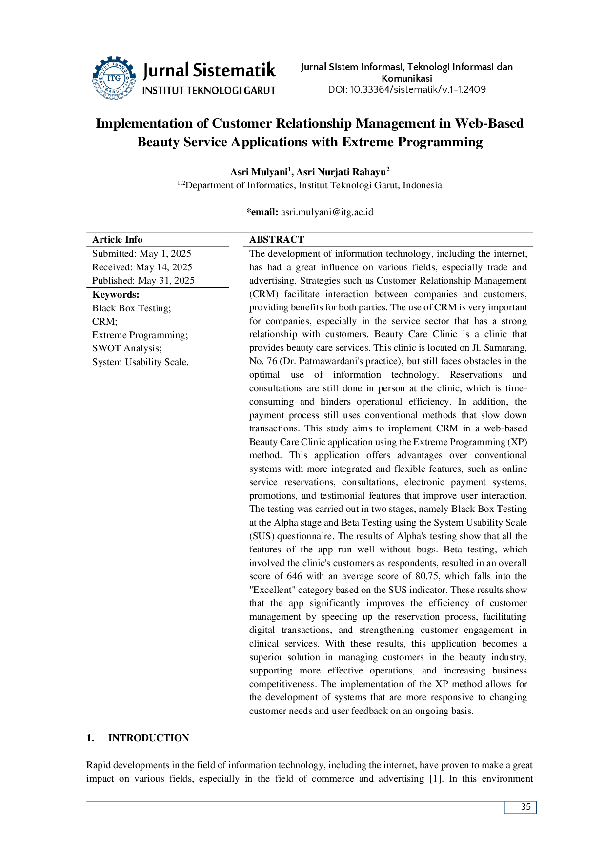 juris Implementation of Customer Relationship Management in Web Based Beauty Service Applications with Extreme Programming