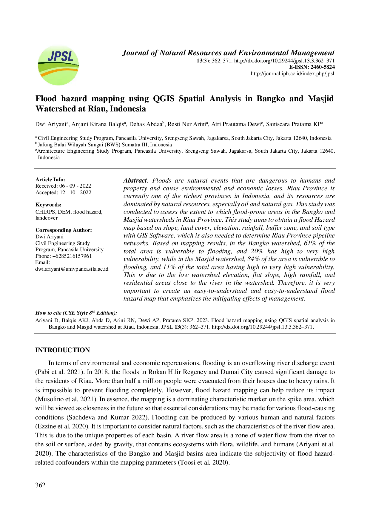 juris Flood Hazard Mapping Using QGIS Spatial Analysis in Bangko and Masjid Watershed at Riau Indonesia