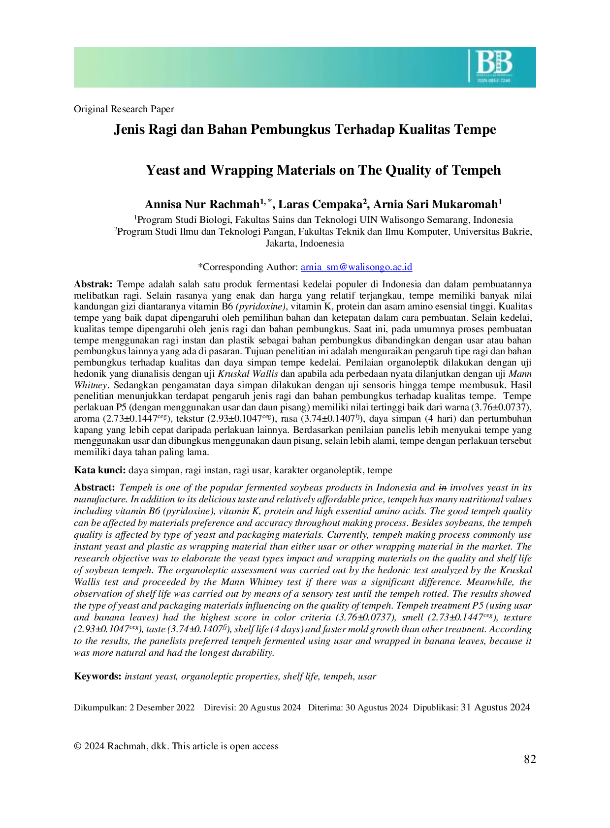 JURIS Yeast and Wrapping Materials on The Quality of Tempeh