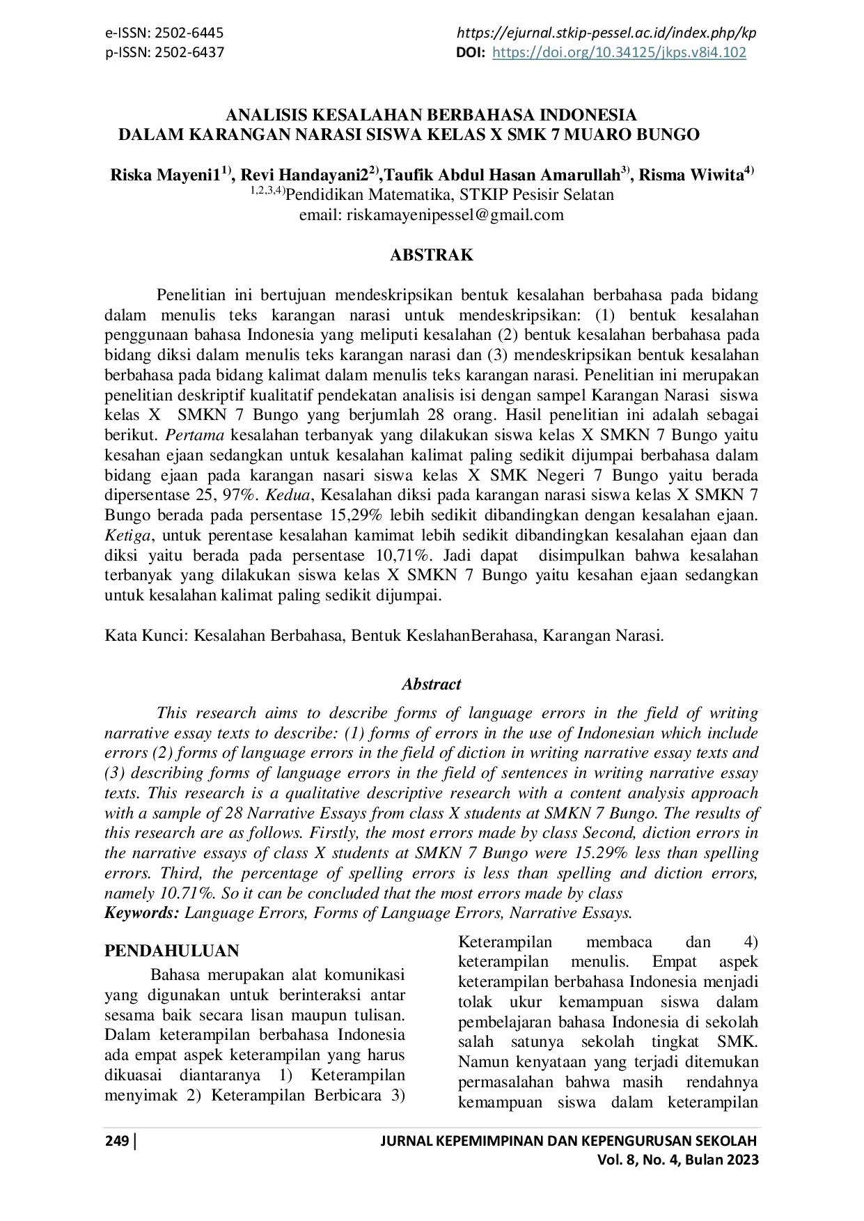 juris Analisis Kesalahan Berbahasa Indonesia dalam Karangan Narasi Siswa Kelas X Smk 7 Muaro Bungo