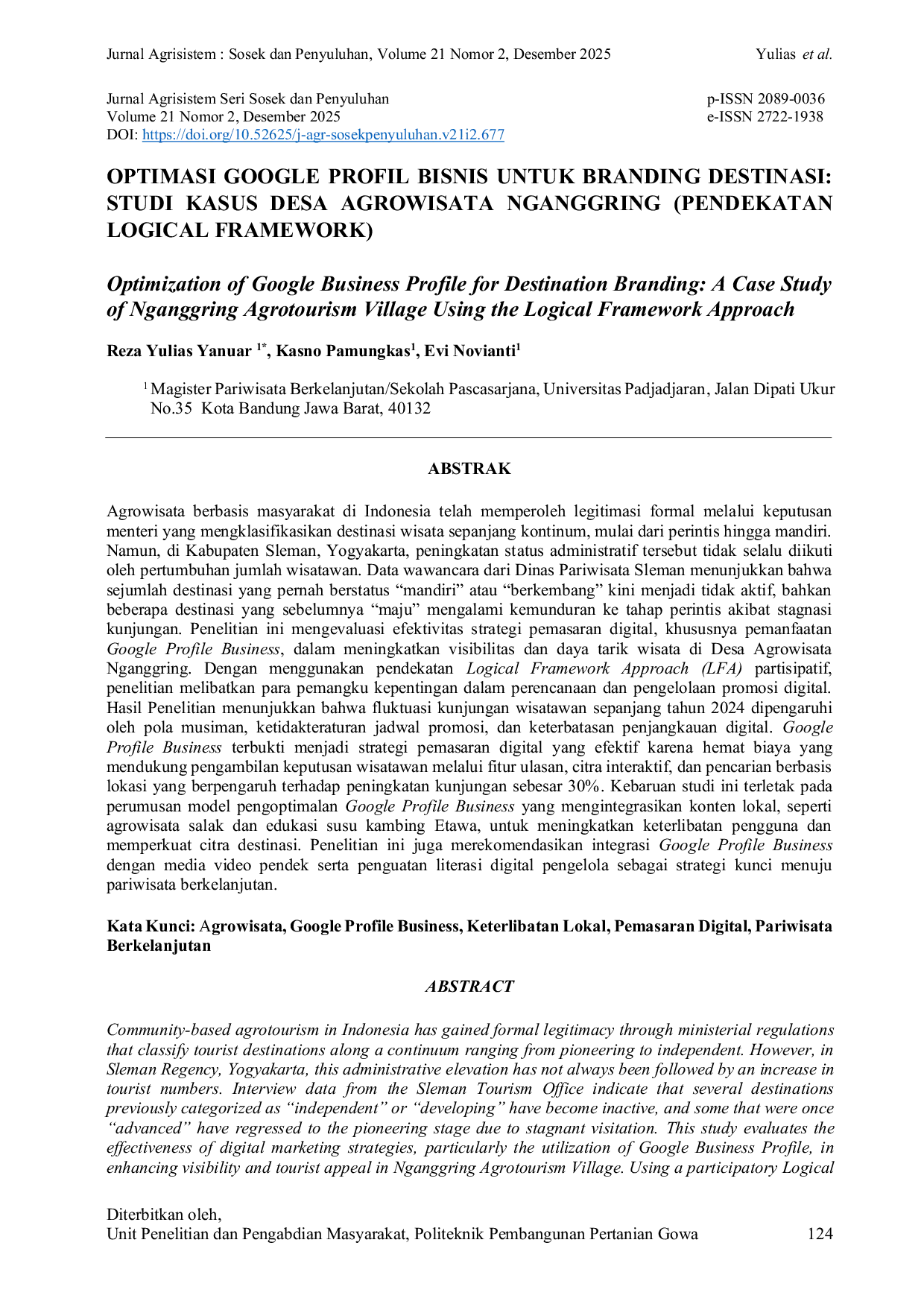 JURIS OPTIMASI GOOGLE PROFIL BISNIS UNTUK BRANDING DESTINASI STUDI KASUS DESA AGROWISATA NGANGGRING PENDEKATAN LOGICAL FRAMEWORK Optimization of Google Business Profile for Destination Branding A Case