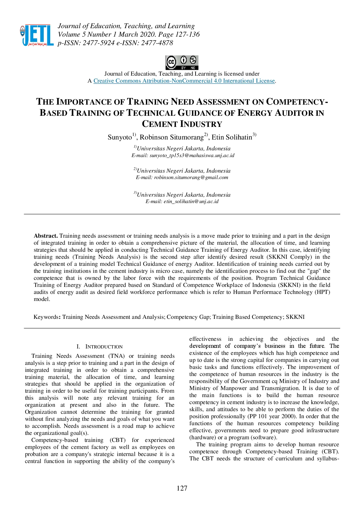 juris The Importance of Training Need Assessment on Competency Based Training of Technical Guidance of Energy Auditor in Cement Industry