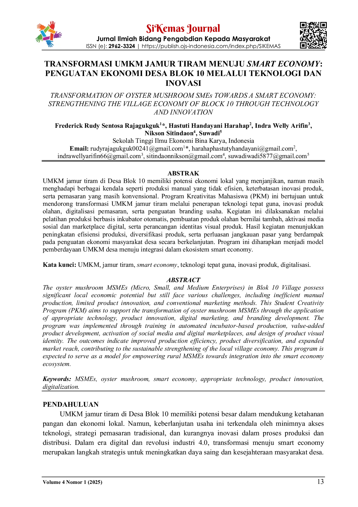 JURIS Transformasi UMKM Jamur Tiram Menuju Smart Economy Penguatan Ekonomi Desa Blok 10 Melalui Teknologi Dan Inovasi