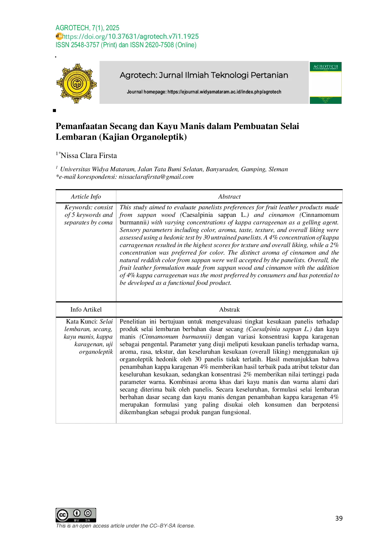 JURIS Pemanfaatan Secang dan Kayu Manis dalam Pembuatan Selai Lembaran Kajian Organoleptik