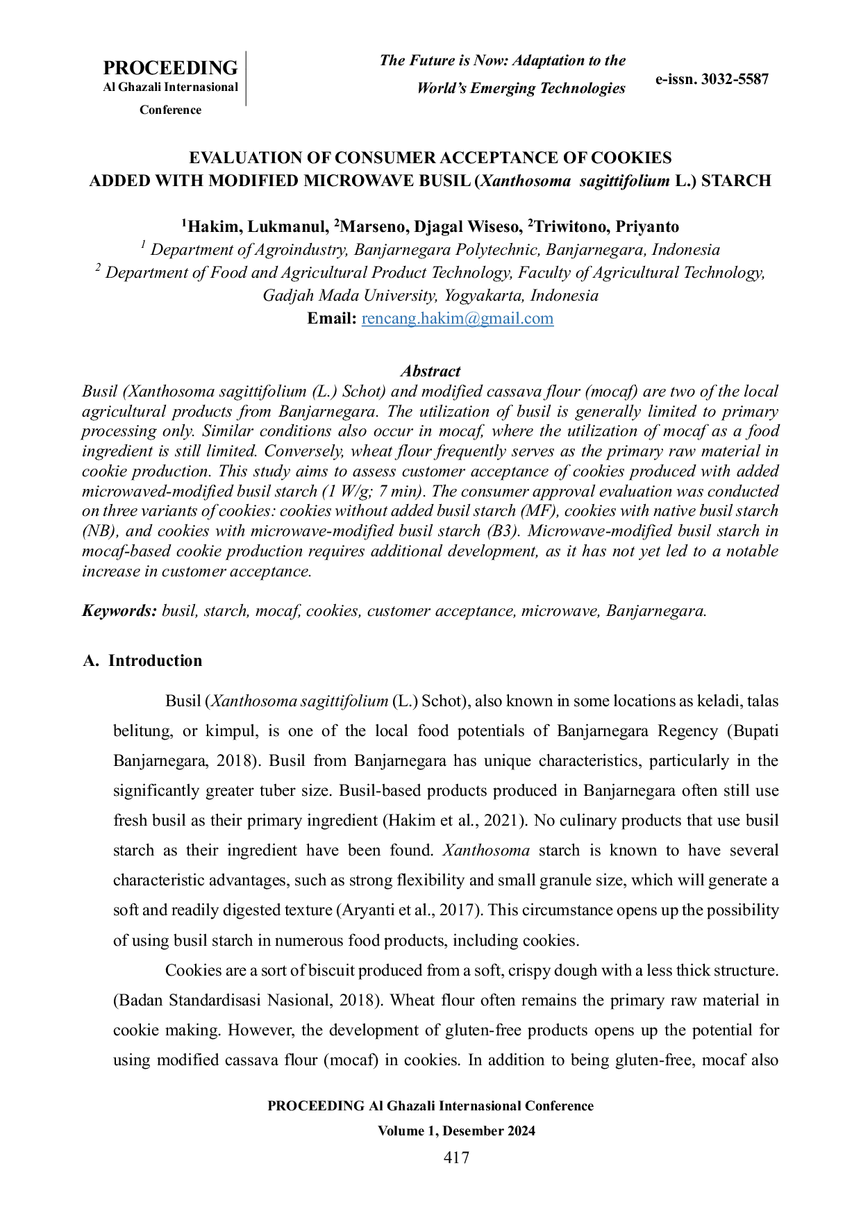 JURIS Evaluation of consumer acceptance of cookies added with modified microwave busil Xanthosoma sagittifolium L starch