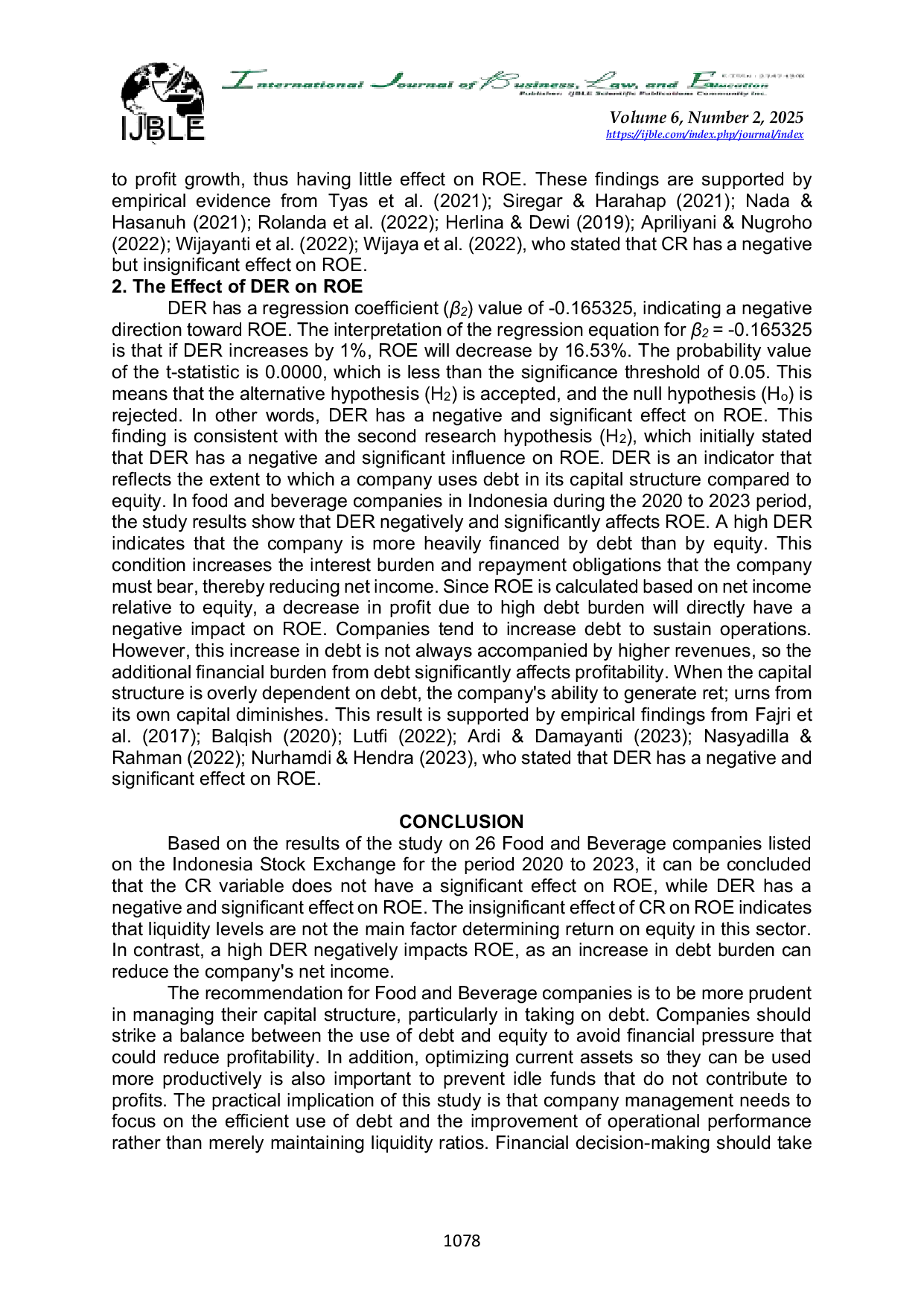 JURIS Current Ratio and Debt to Equity Ratio as Determinants of Return on Equity in Food and Beverage Companies