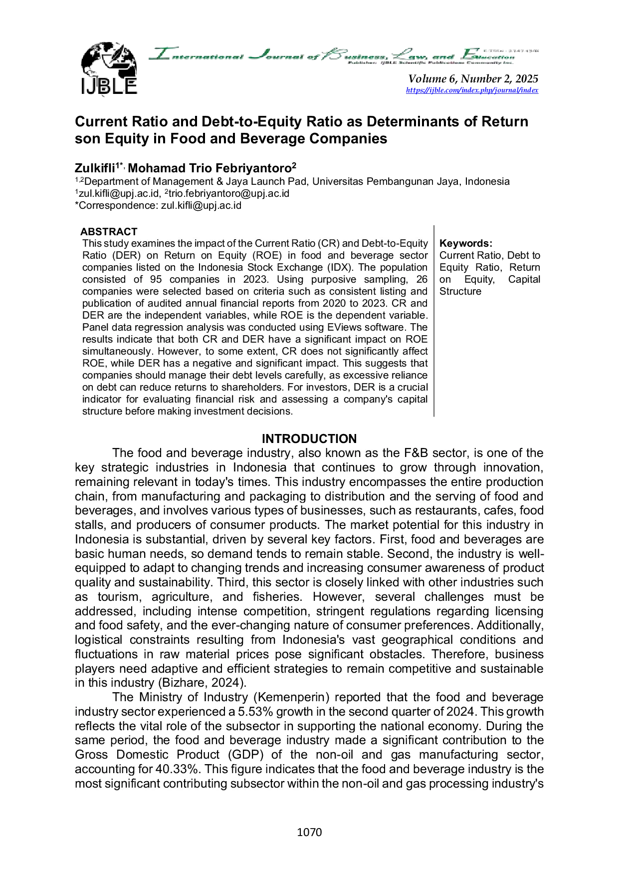 JURIS Current Ratio and Debt to Equity Ratio as Determinants of Return on Equity in Food and Beverage Companies