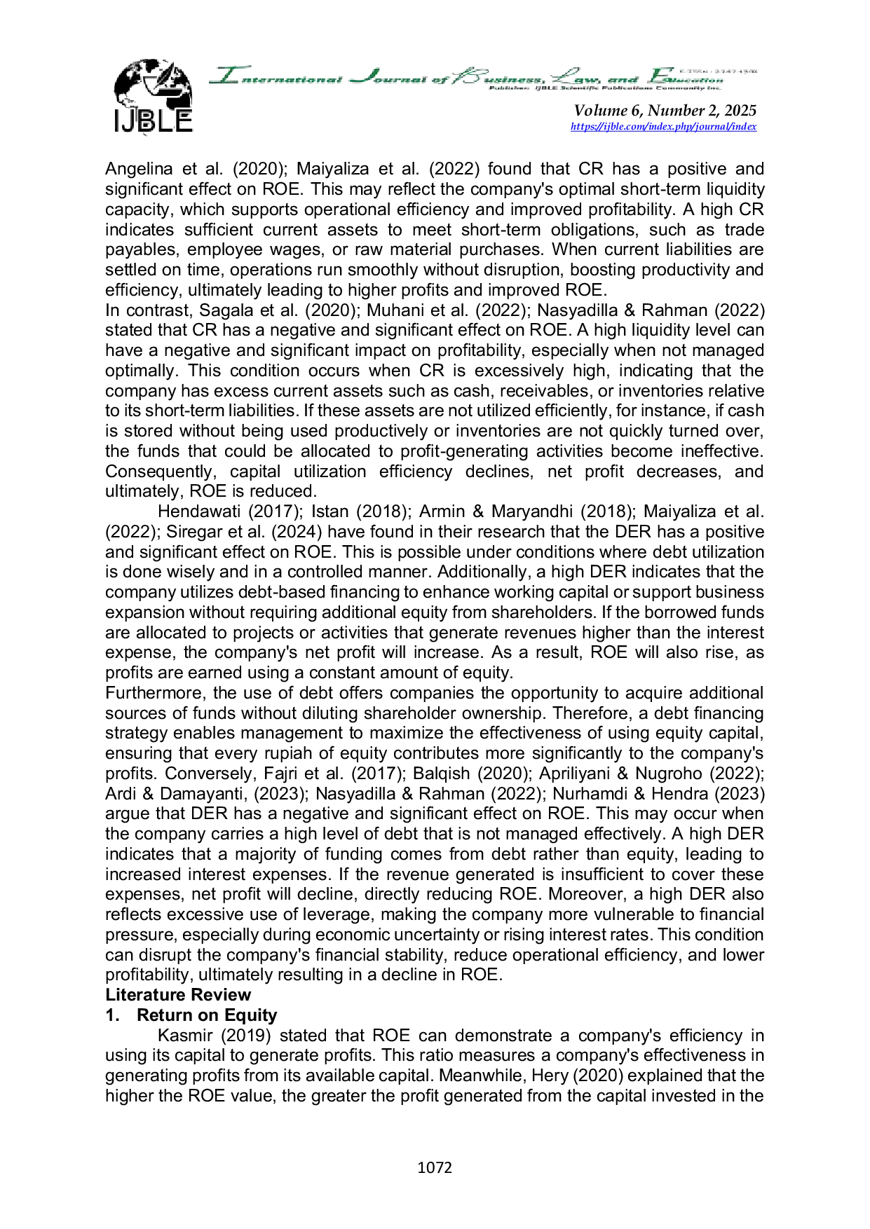 JURIS Current Ratio and Debt to Equity Ratio as Determinants of Return on Equity in Food and Beverage Companies