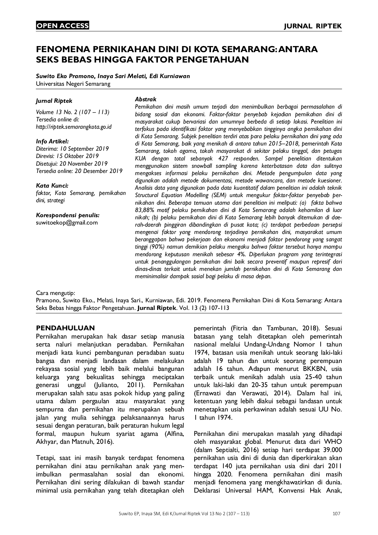 JURIS Fenomena Pernikahan Dini di Kota Semarang Antara Seks Bebas hingga Faktor Pengetahuan