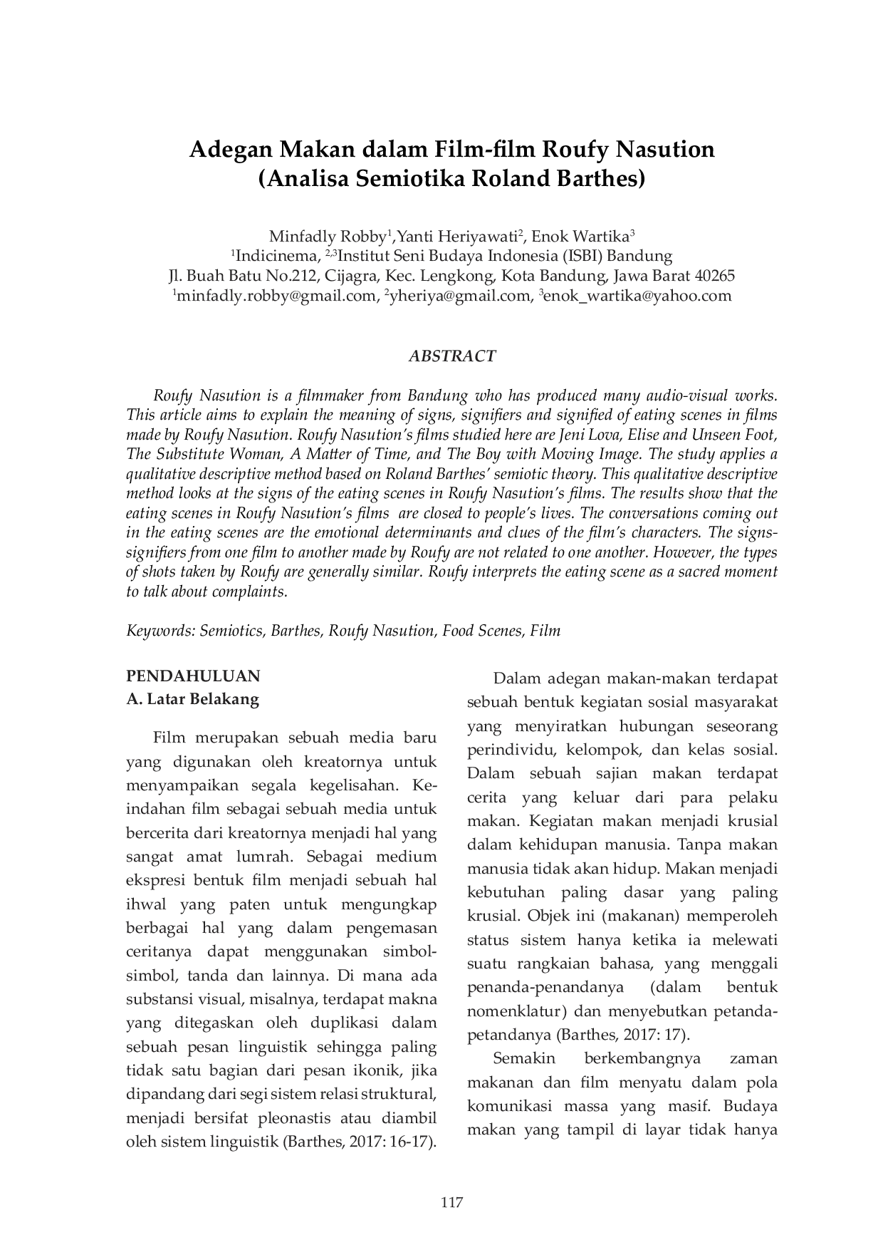 JURIS Adegan Makan dalam Film film Roufy Nasution Analisa Semiotika Roland Barthes