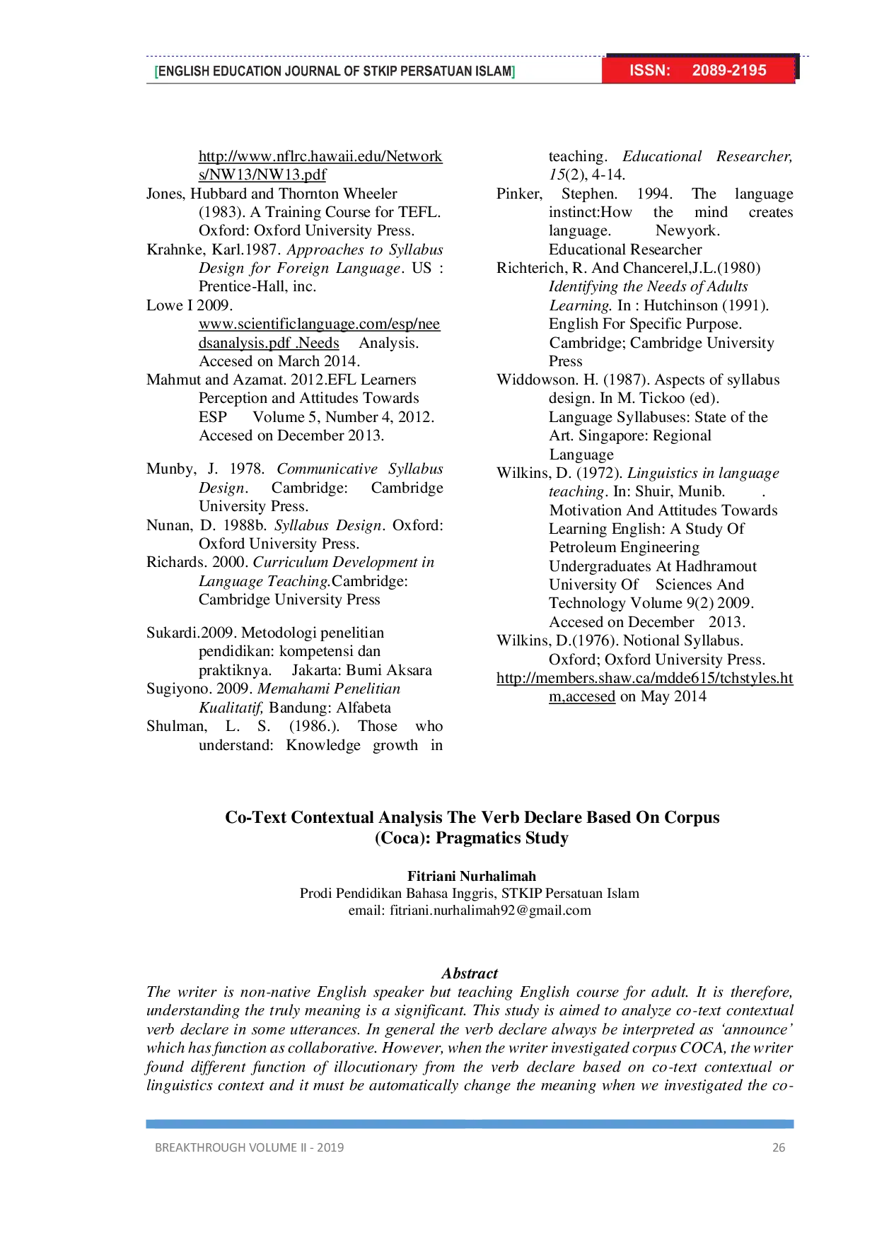 JURIS Co Text Contextual Analysis The Verb Declare Based On Corpus Coca Pragmatics Study