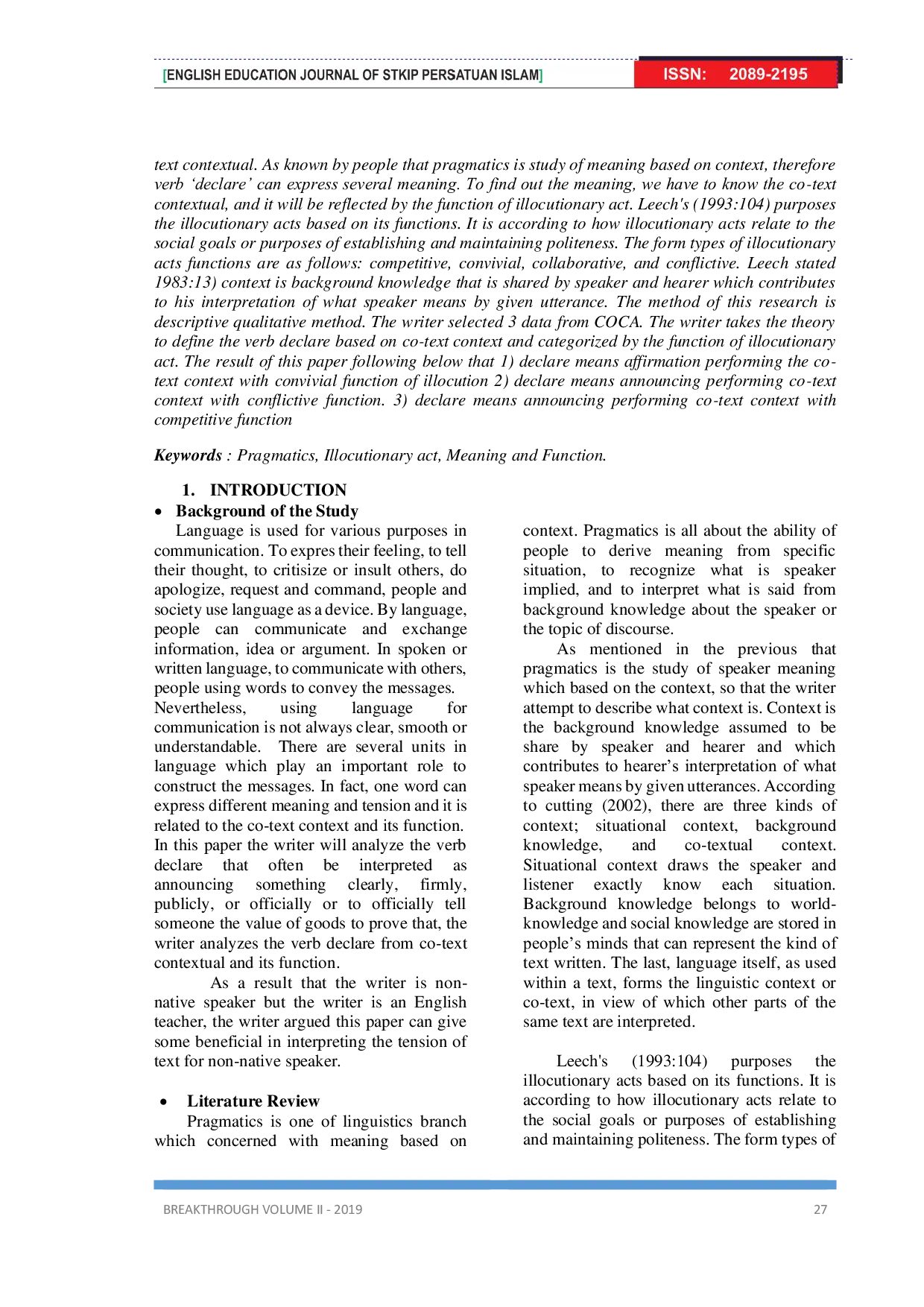 JURIS Co Text Contextual Analysis The Verb Declare Based On Corpus Coca Pragmatics Study