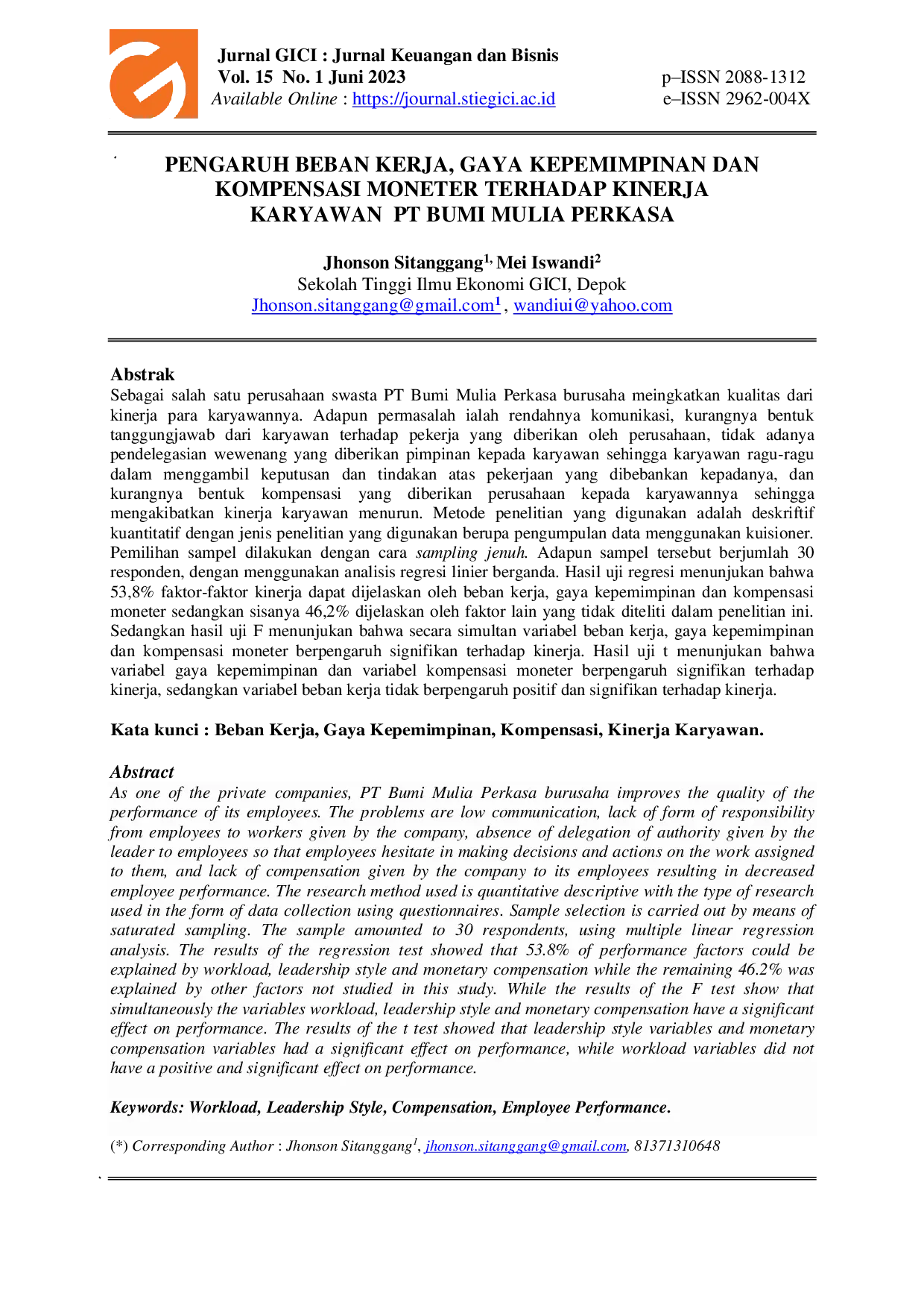 JURIS Pengaruh Beban Kerja Gaya Kepemimpinan Dan Kompensasi Moneter Terhadap Kinerja Karyawan Pt Bumi Mulia Perkasa