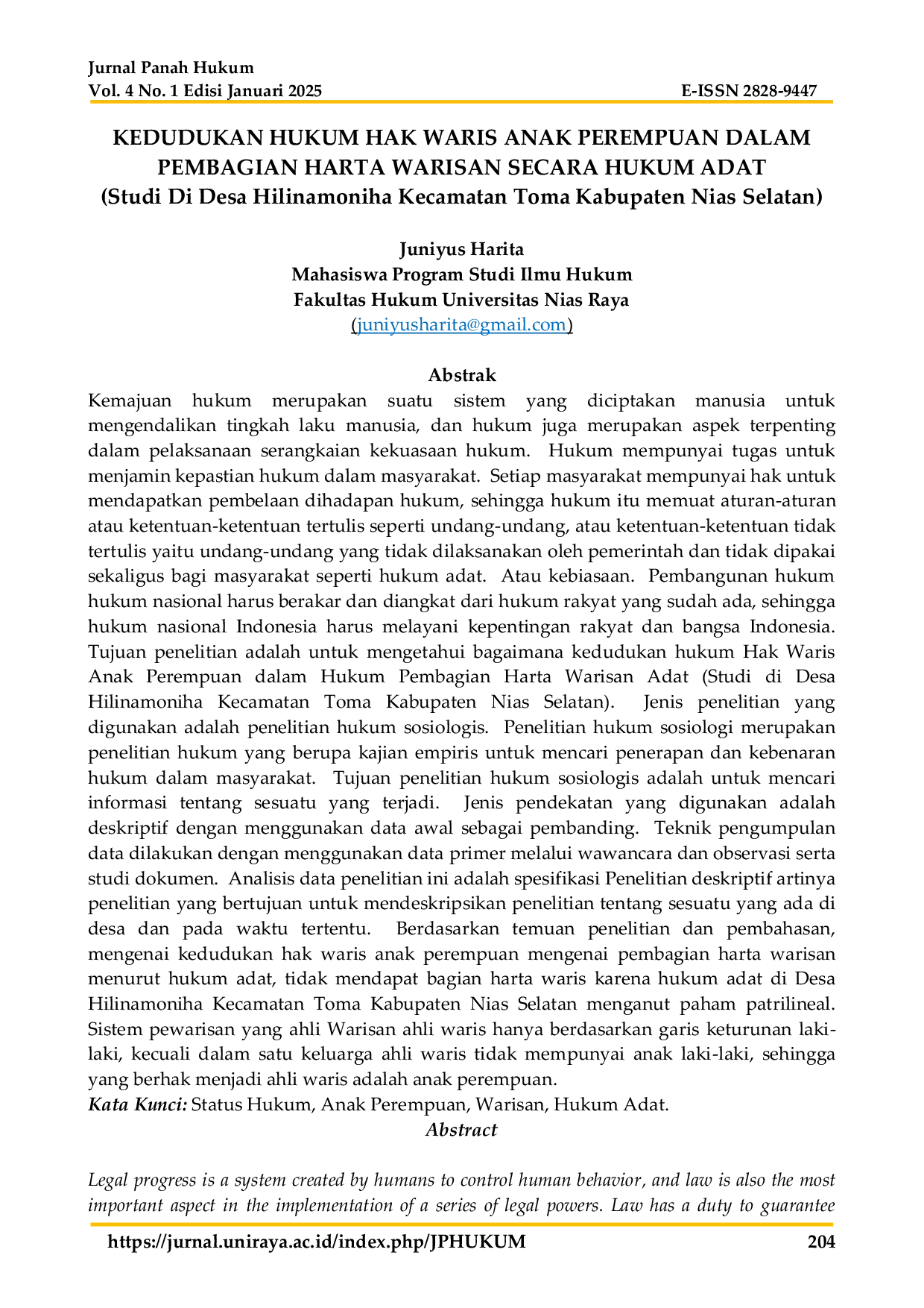 JURIS Kedudukan Hukum Hak Waris Anak Perempuan Dalam Pembagian Harta Warisan Secara Hukum Adat Studi Di Desa Hilinamoniha Kecamatan Toma Kabupaten Nias Selatan