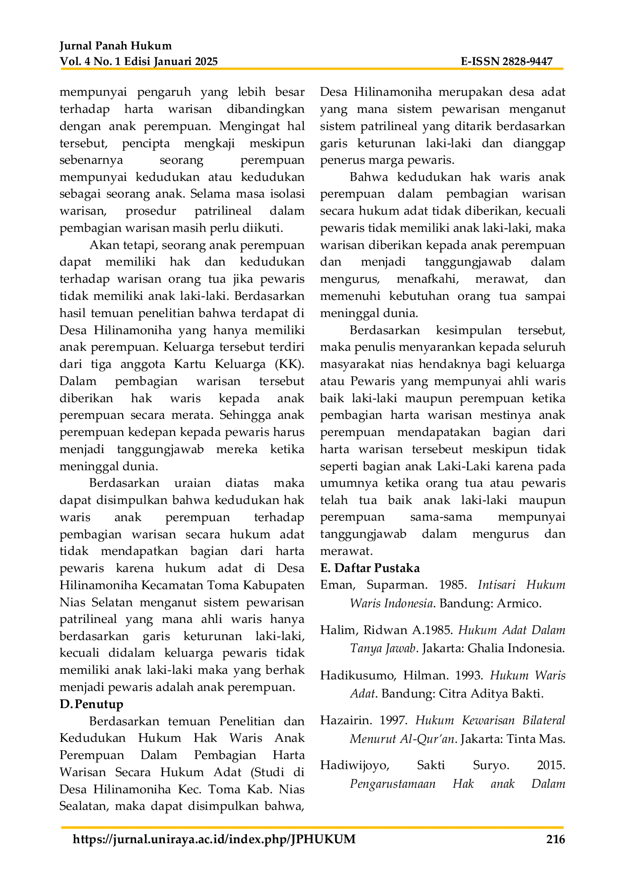 JURIS Kedudukan Hukum Hak Waris Anak Perempuan Dalam Pembagian Harta Warisan Secara Hukum Adat Studi Di Desa Hilinamoniha Kecamatan Toma Kabupaten Nias Selatan