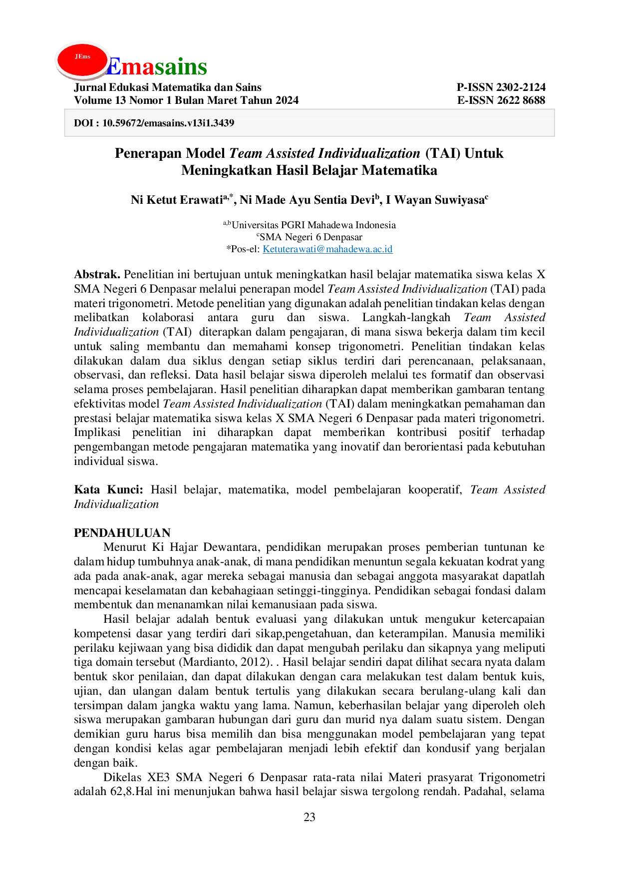 JURIS Penerapan Model Team Assisted Individualization TAI Untuk Meningkatkan Hasil Belajar Matematika