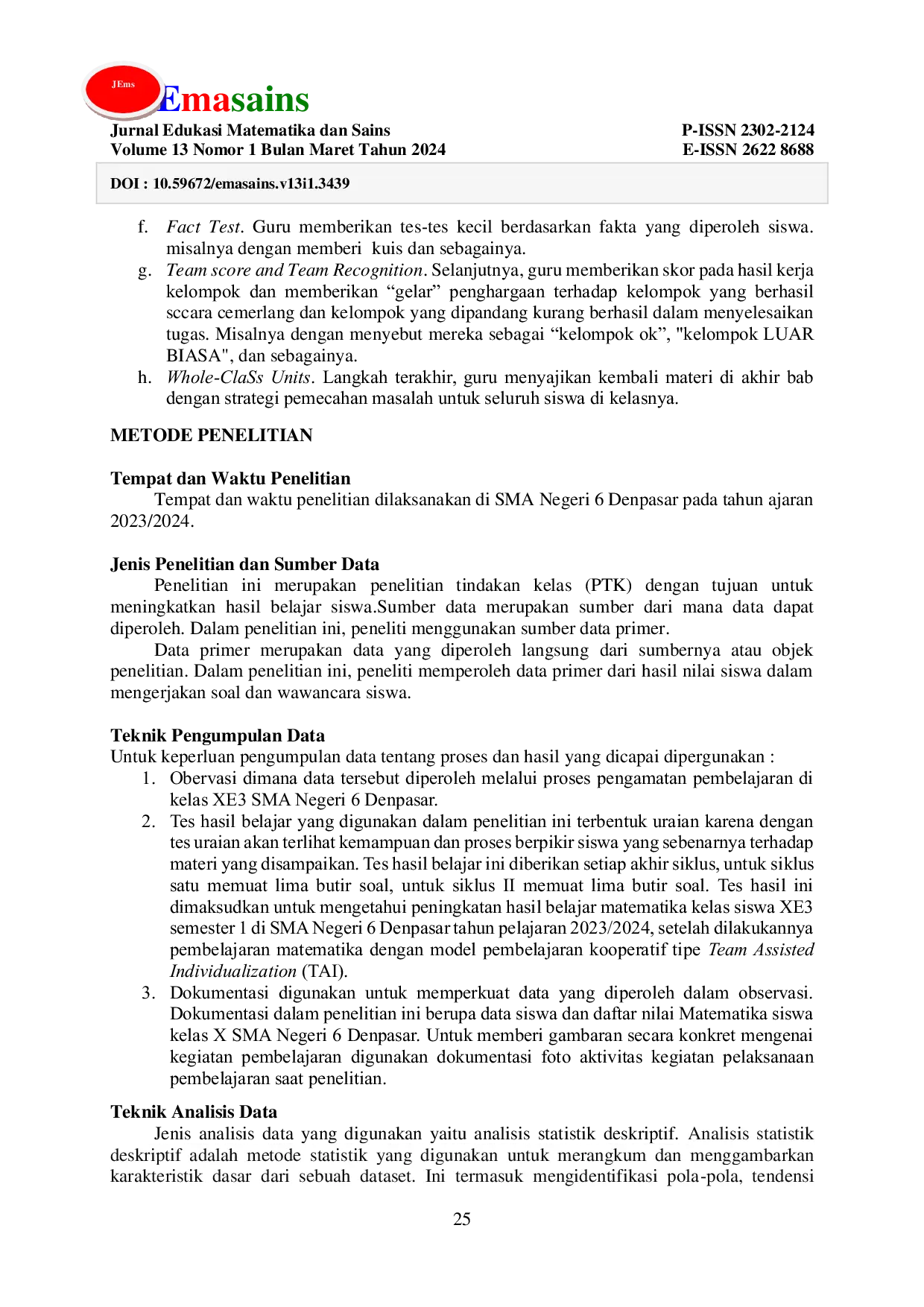 JURIS Penerapan Model Team Assisted Individualization TAI Untuk Meningkatkan Hasil Belajar Matematika