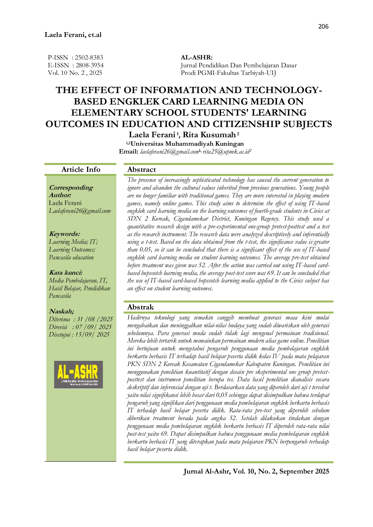 JURIS The Effect of Information and Technology Based Engklek Card Learning Media on Elementary School Students Learning Outcomes in Education and Citizenship Subjects