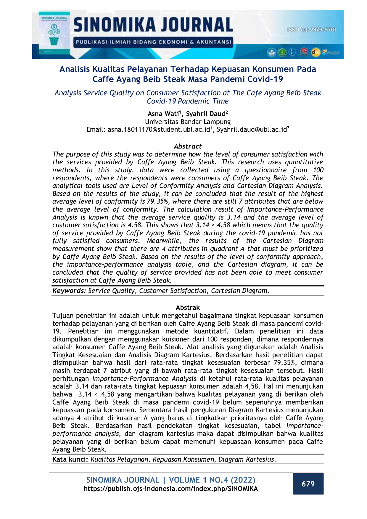 JURIS Analisis Kualitas Pelayanan Terhadap Kepuasan Konsumen Pada Caffe Ayang Beib Steak Masa Pandemi Covid 19