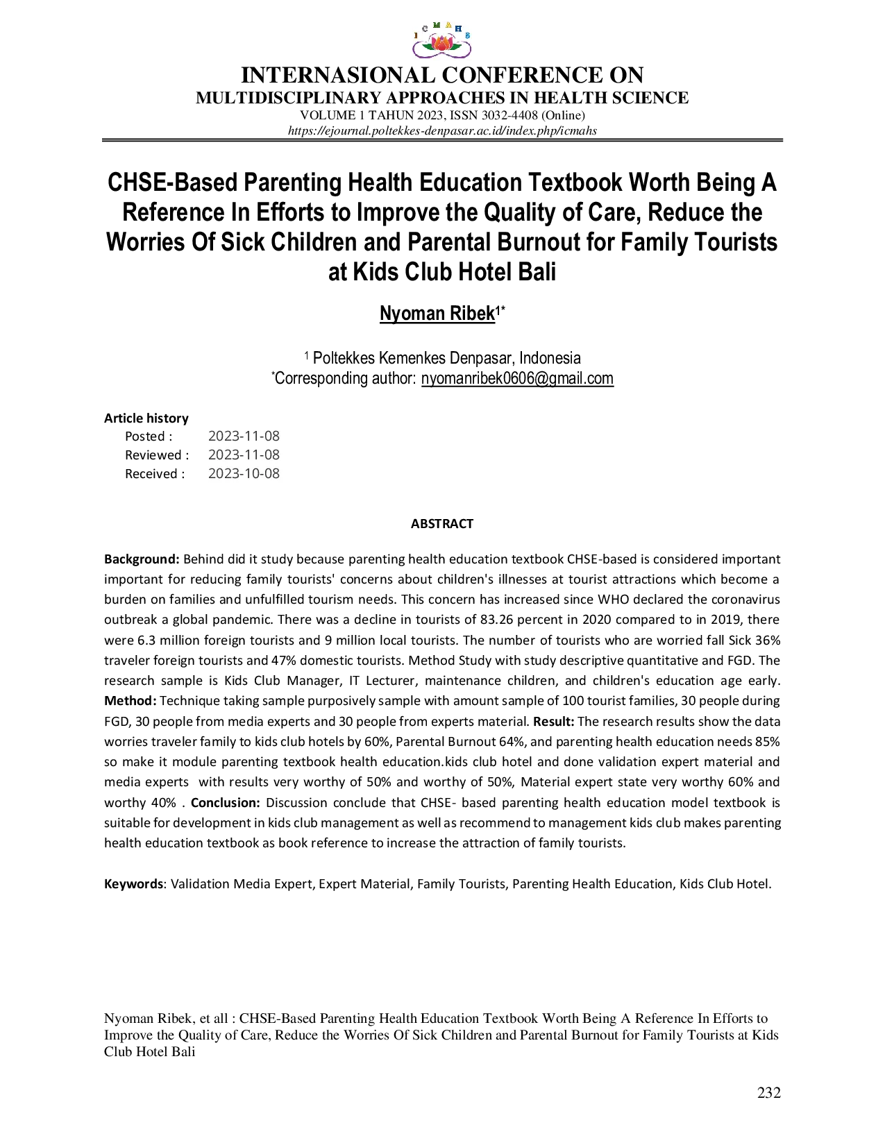 JURIS Chse based parenting health education textbook worth being a reference in efforts to improve the quality of care reduce the worries of sick children and parental burnout for family tourists at kids c