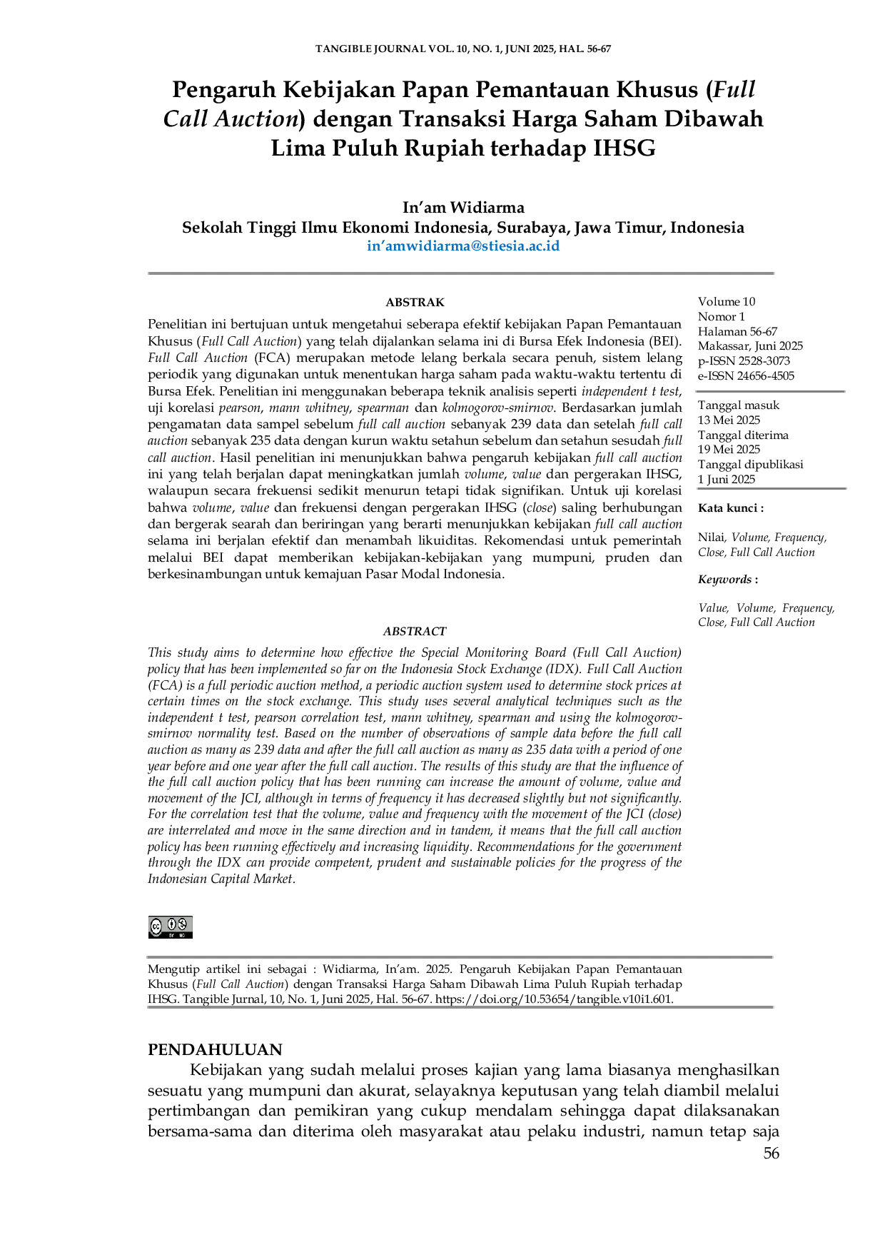 JURIS Pengaruh Kebijakan Papan Pemantauan Khusus Full Call Auction dengan Transaksi Harga Saham Dibawah Lima Puluh Rupiah terhadap IHSG