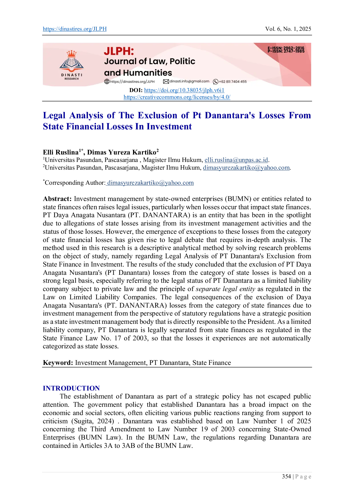 JURIS Legal Analysis of the Exclusion of PT Danantara s Losses From State Financial Losses In Investment