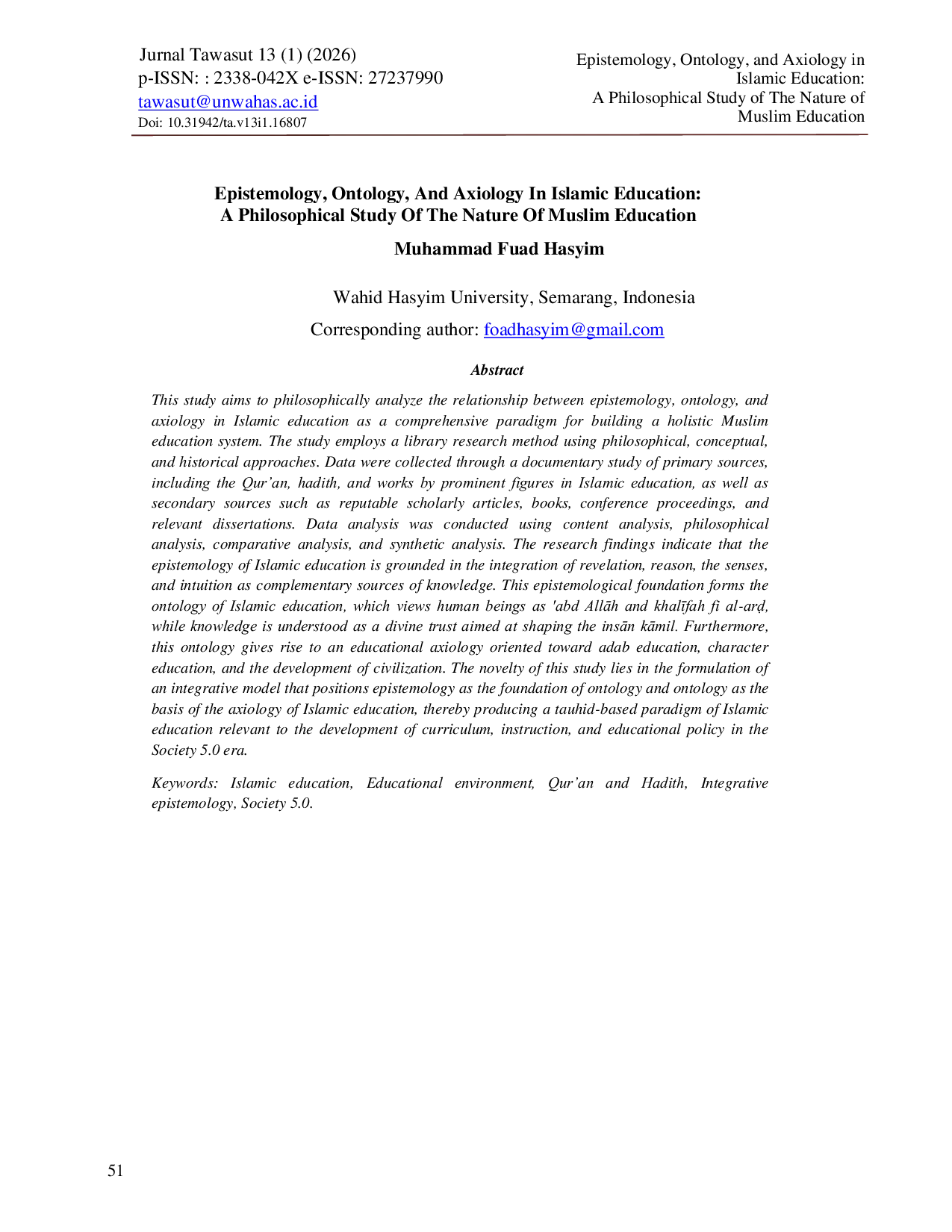 JURIS Epistemology Ontology And Axiology In Islamic Education A Philosophical Study Of The Nature Of Muslim Education