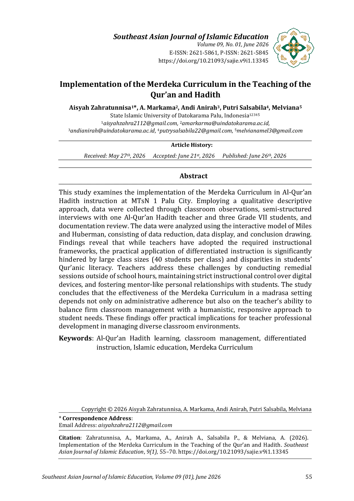 JURIS Implementation of the Merdeka Curriculum in the Teaching of the Qur an and Hadith