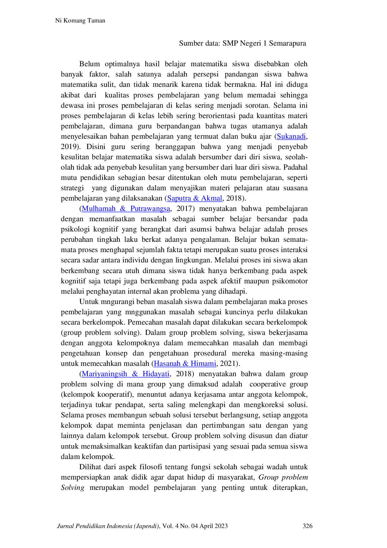 JURIS Penerapan Pendekatan Group Problem Solving Untuk Meningkatkan Hasil Belajar Matematika Siswa Kelas VII B Semester 1 SMP Negeri 1 Semarapura Tahun Pelajaran 2022 2023