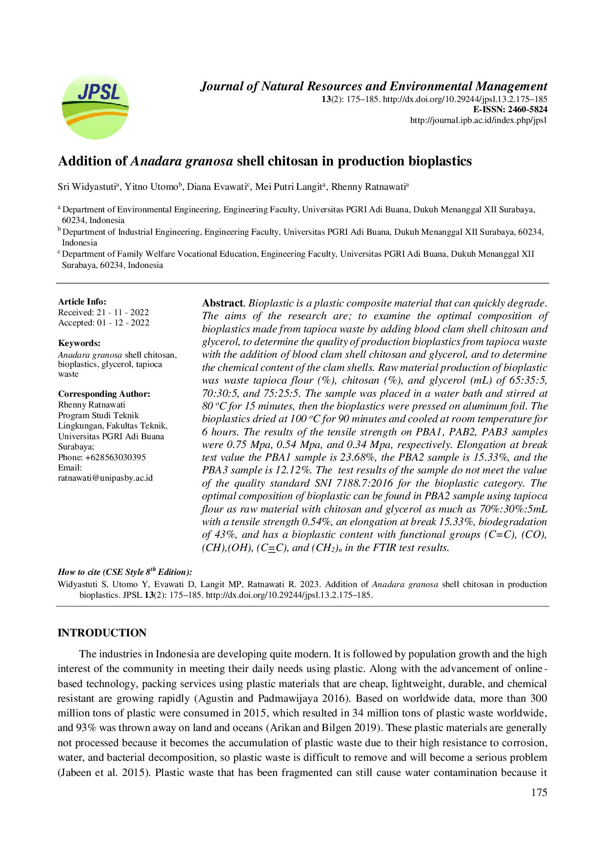 juris Penambahan Kitosan Cangkang Anadara Granosa Dalam Produksi Bioplastik