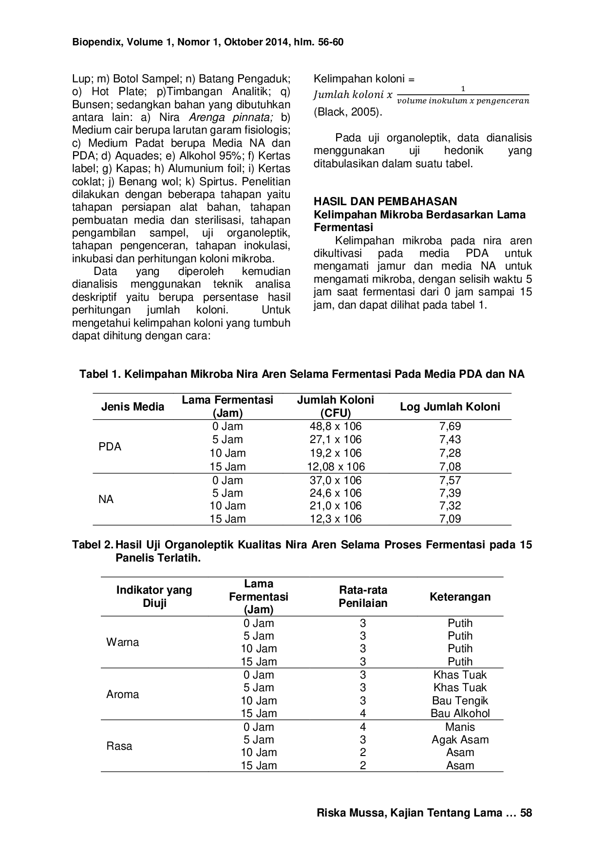 JURIS KAJIAN TENTANG LAMA FERMENTASI NIRA AREN Arenga pinnata TERHADAP KELIMPAHAN MIKROBA DAN KUALITAS ORGANOLEPTIK TUAK