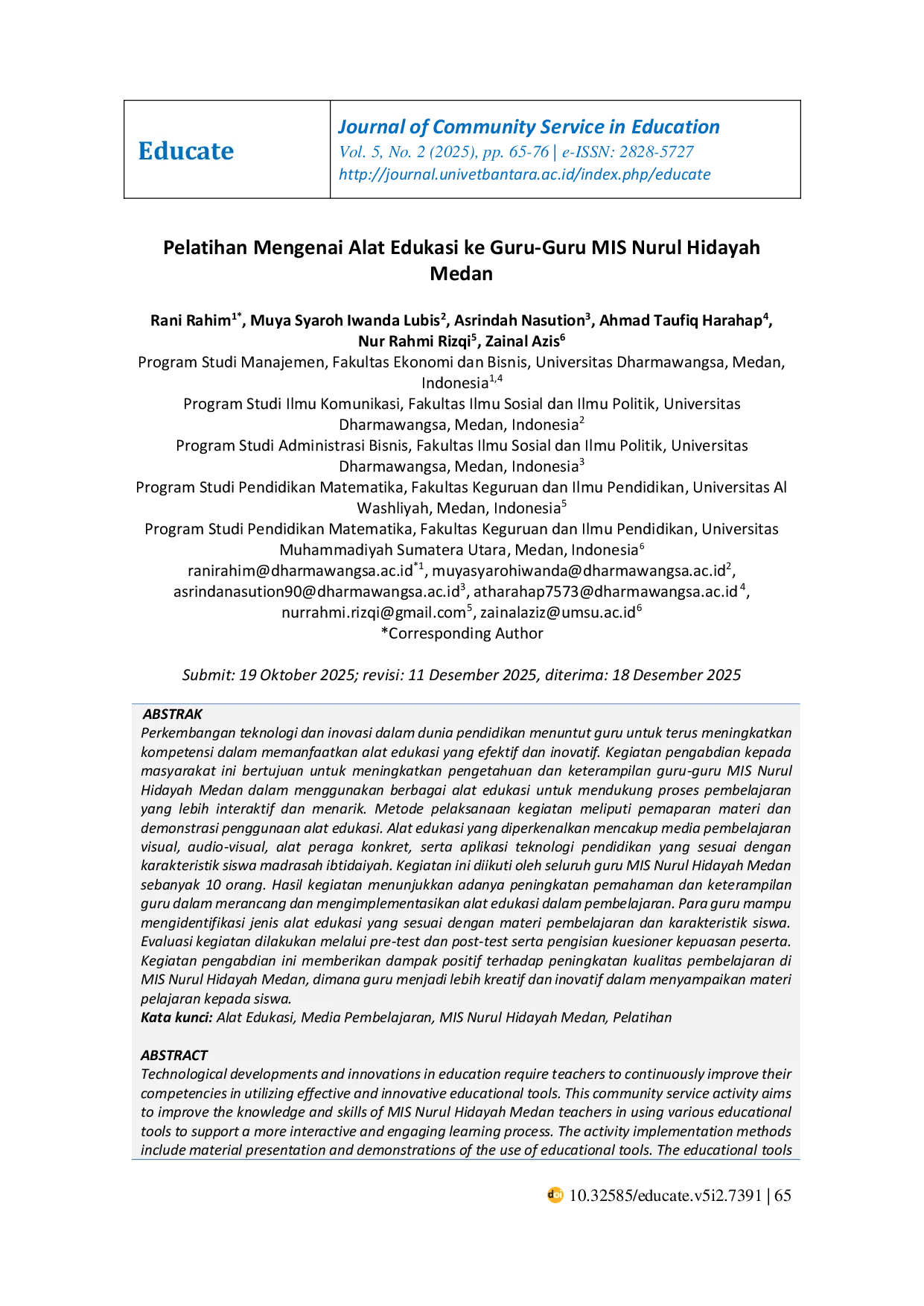 JURIS Pelatihan Mengenai Alat Edukasi ke Guru Guru MIS Nurul Hidayah Medan