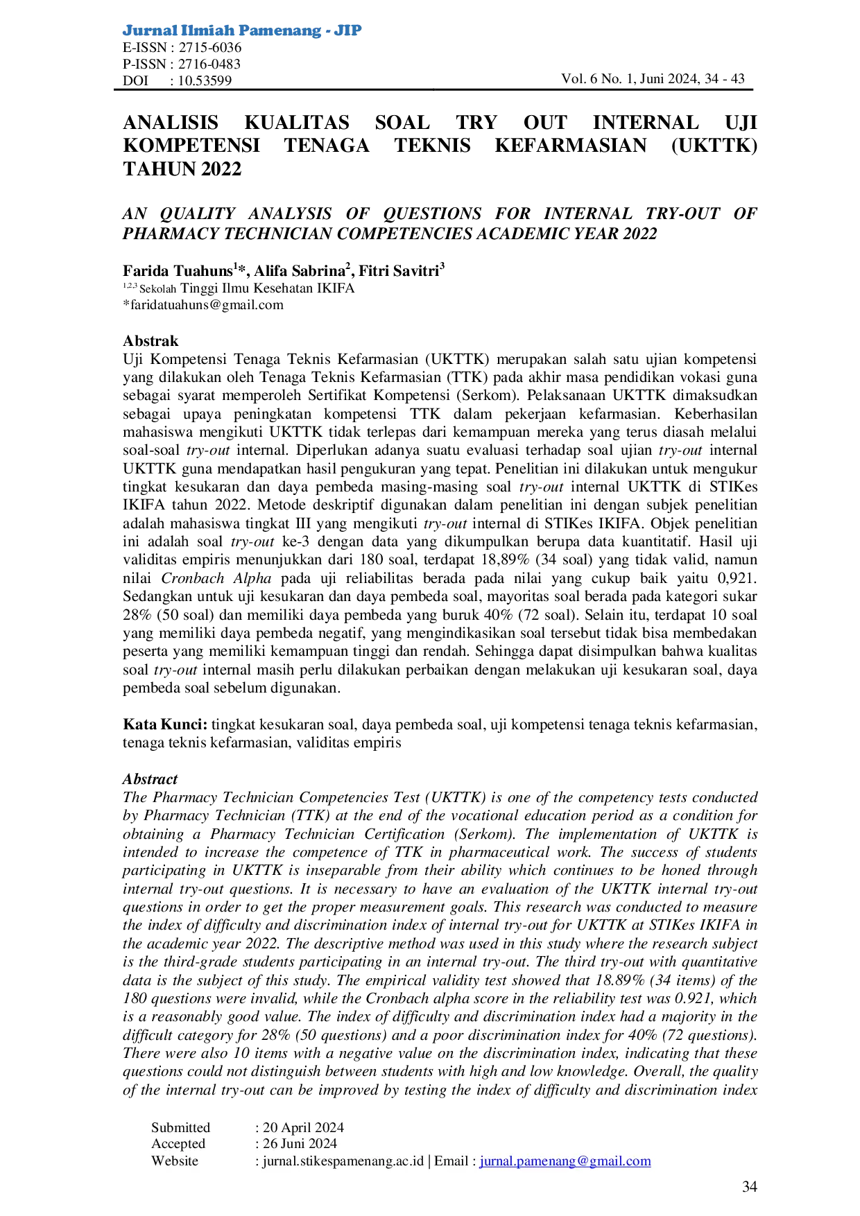 JURIS Analisis Kualitas Soal Try Out Kompetensi Tenaga Teknis Kefarmasian Tahun 2022