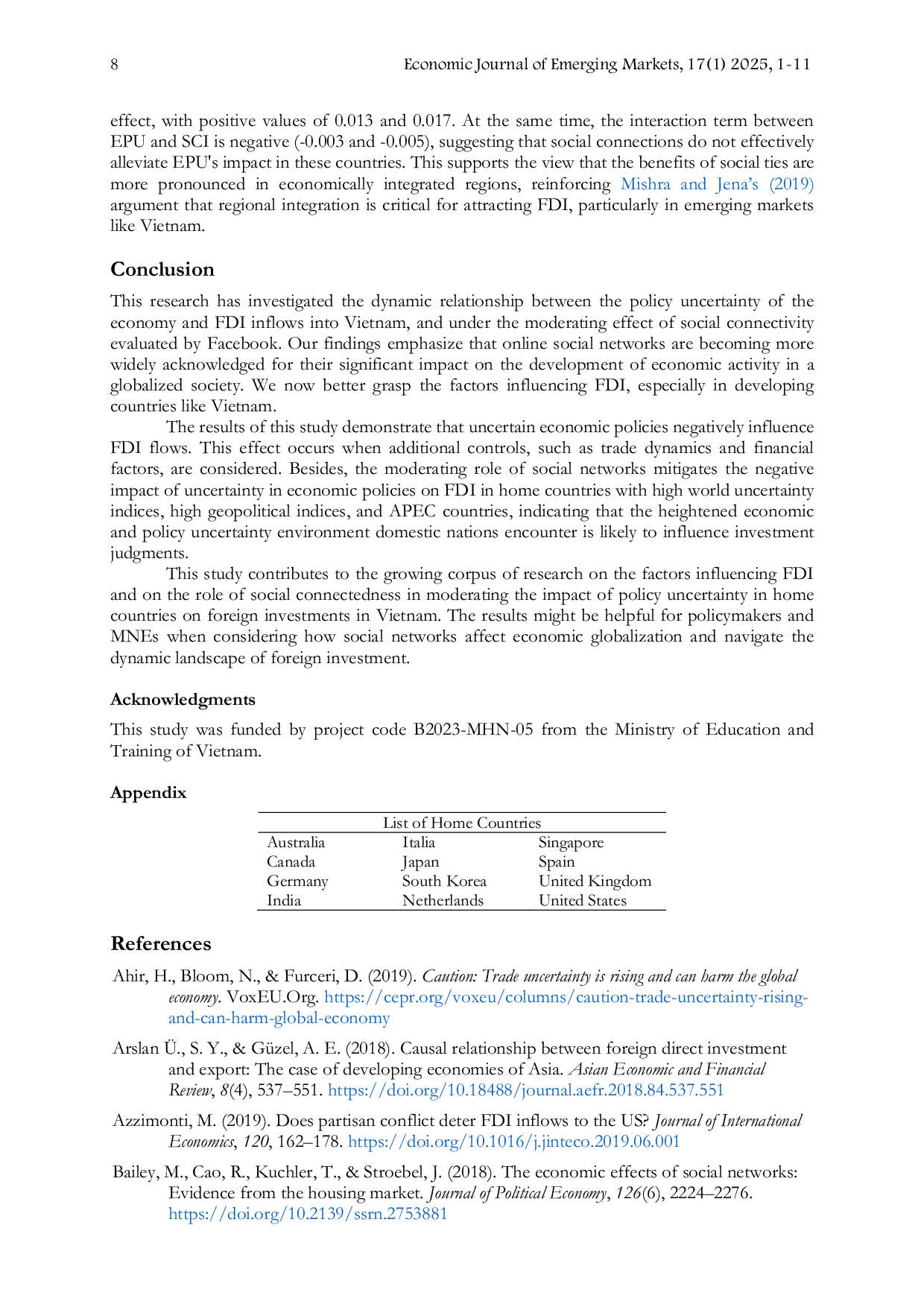 JURIS Economic policy uncertainty and foreign direct investment The role of social connectedness in Vietnam