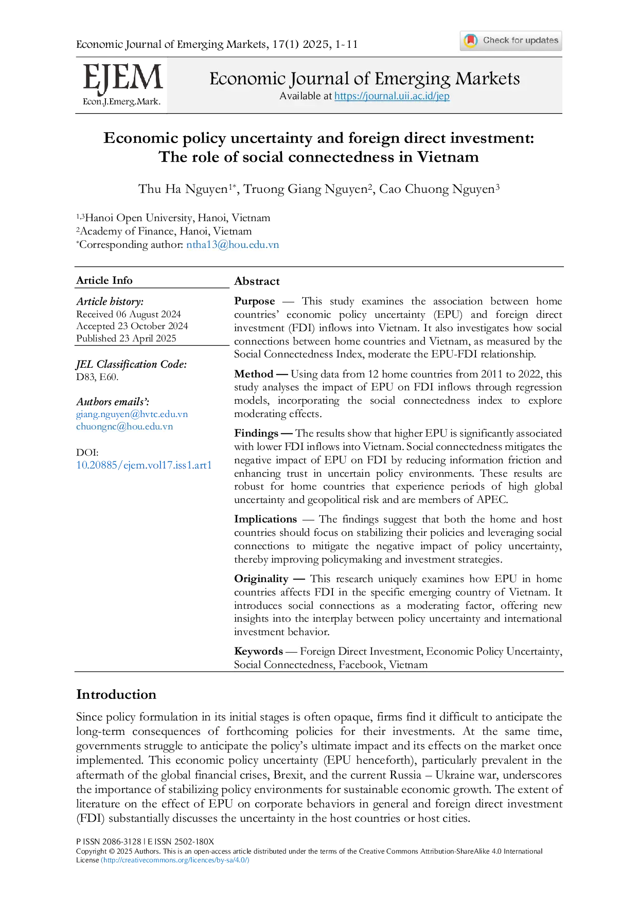 JURIS Economic policy uncertainty and foreign direct investment The role of social connectedness in Vietnam