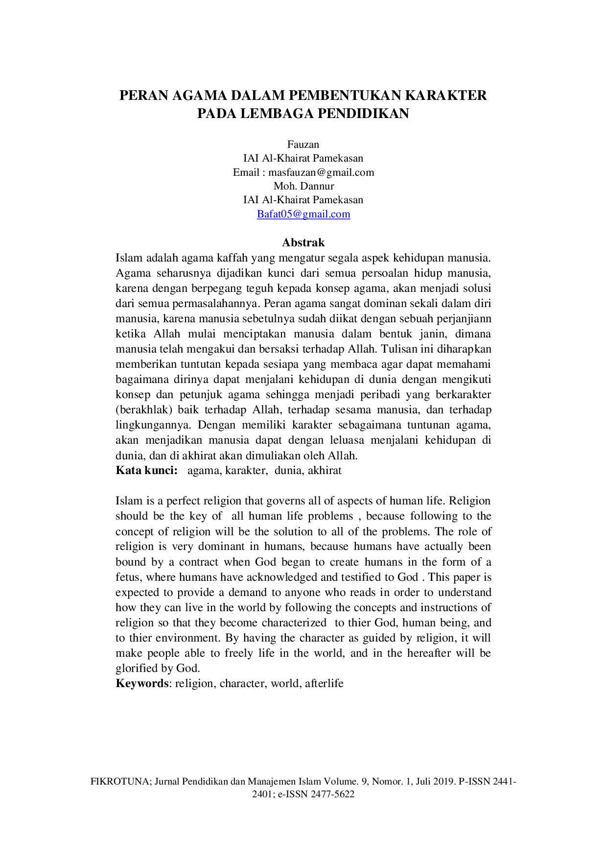 JURIS Peran Agama dalam Pembentukan Karakter pada Lembaga Pendidikan