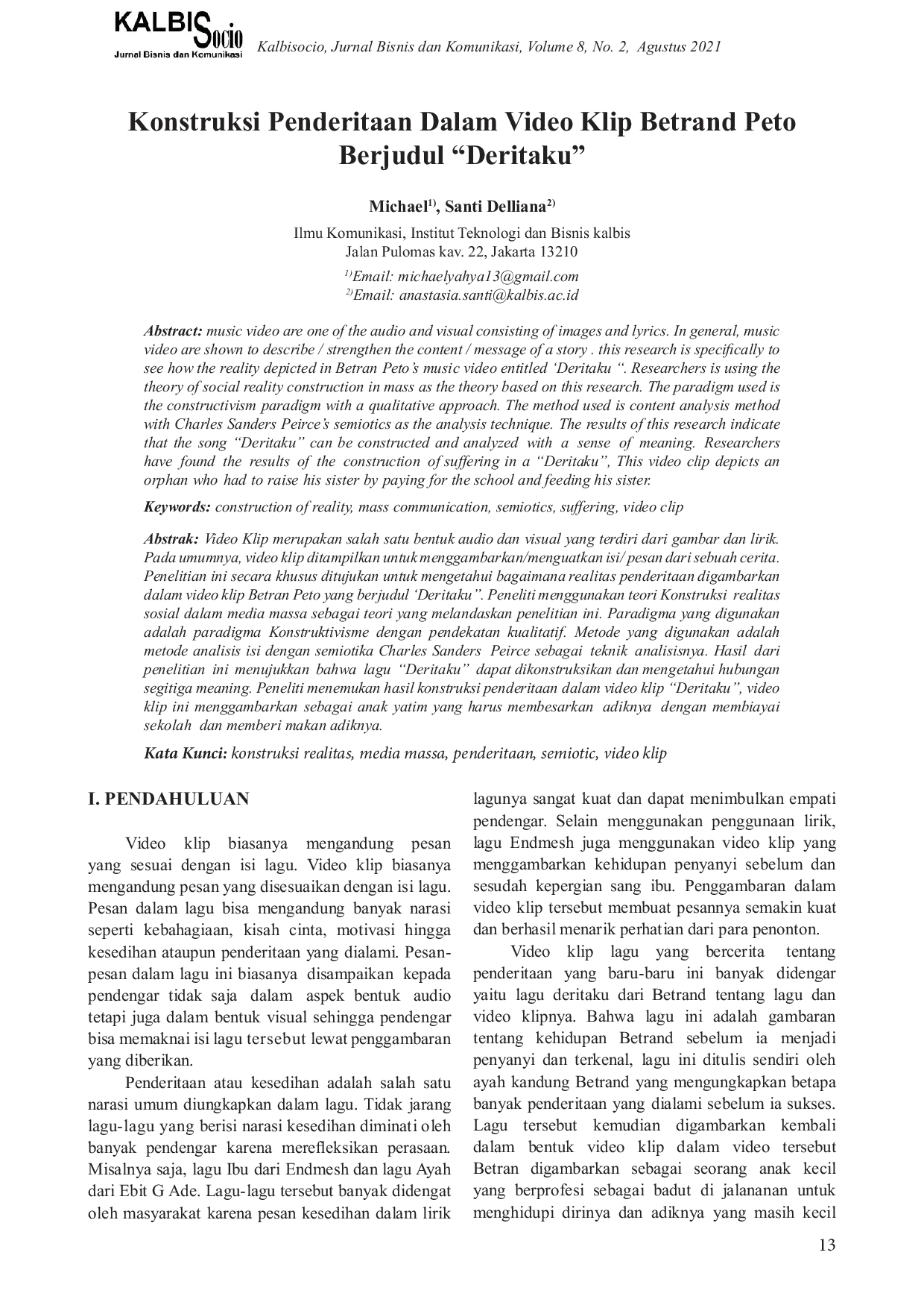 JURIS Konstruksi Penderitaan Dalam Video Klip Betrand Peto Berjudul Deritaku